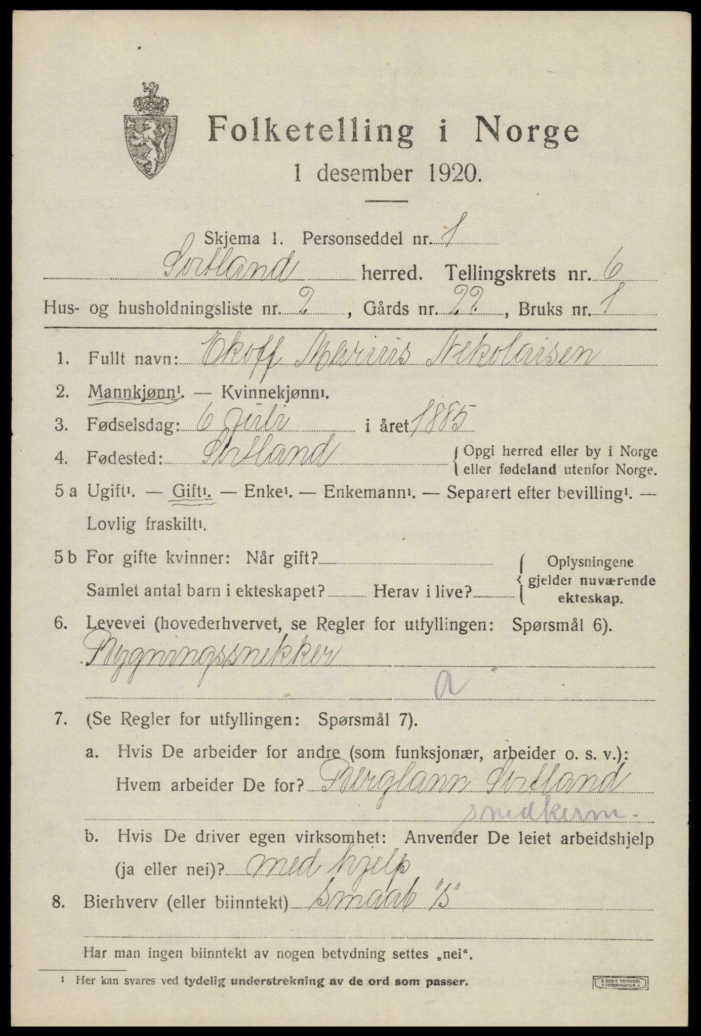 SAT, 1920 census for Sortland, 1920, p. 6228