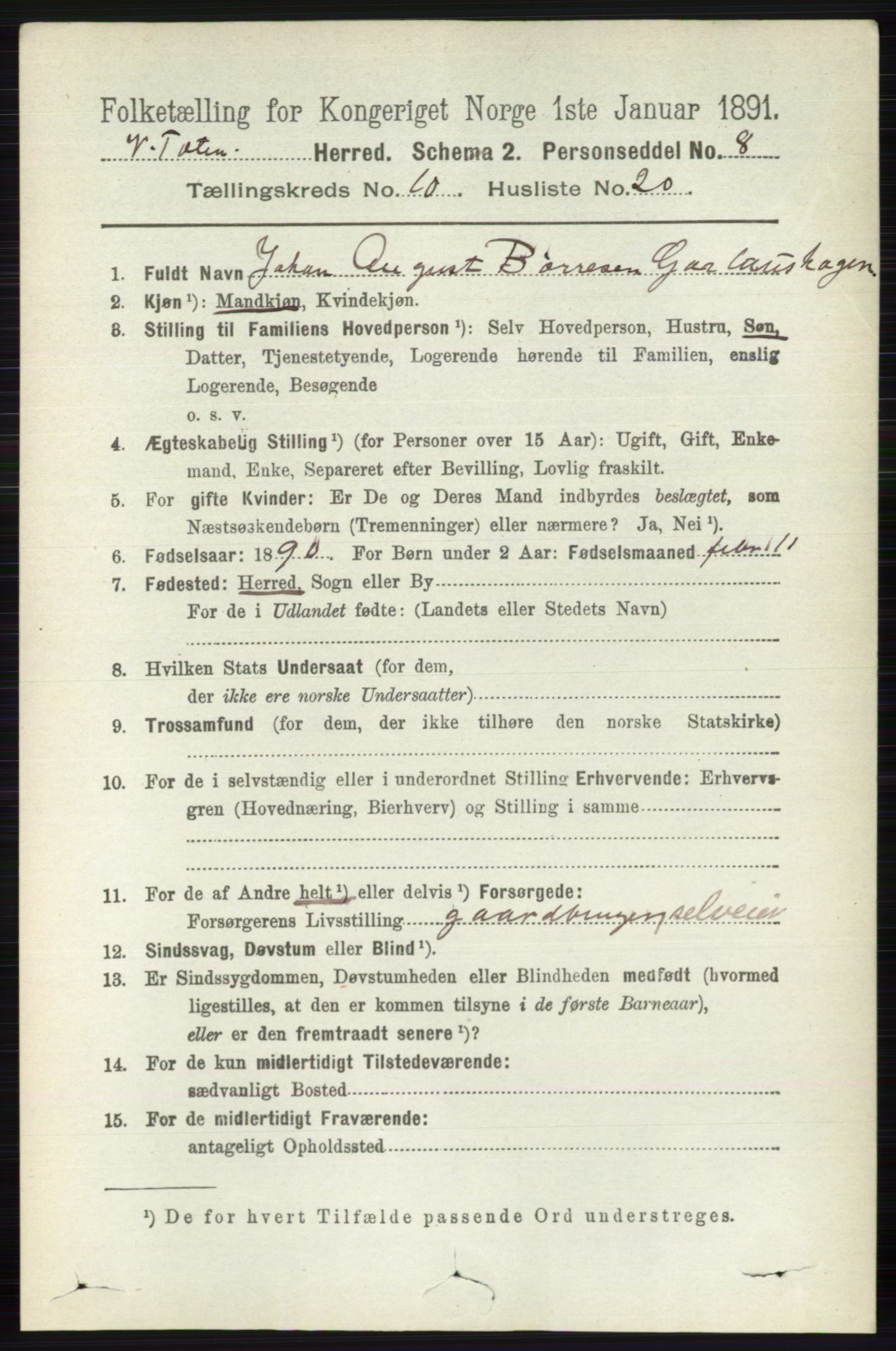 RA, 1891 census for 0529 Vestre Toten, 1891, p. 6326