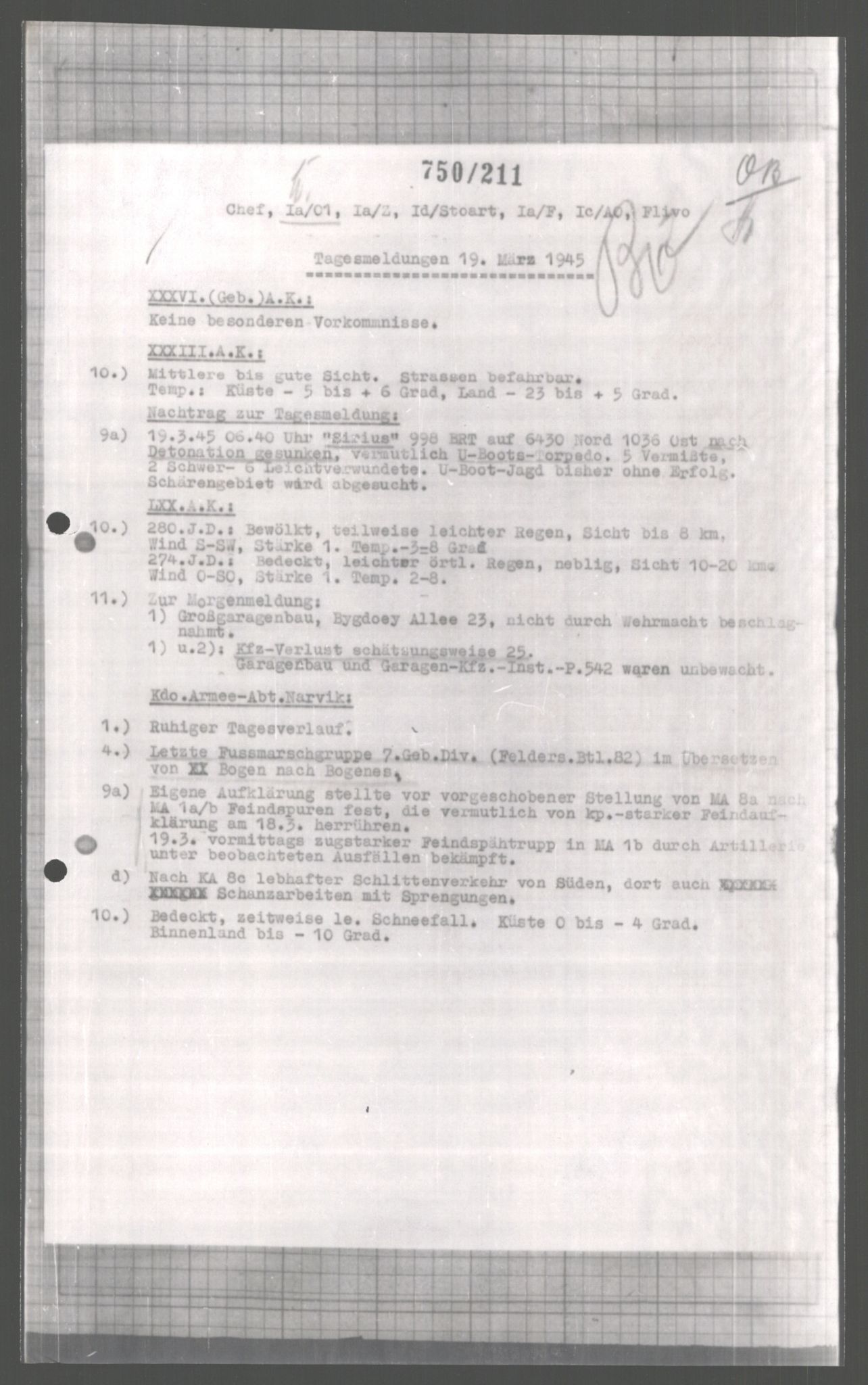 Forsvarets Overkommando. 2 kontor. Arkiv 11.4. Spredte tyske arkivsaker, AV/RA-RAFA-7031/D/Dar/Dara/L0004: Krigsdagbøker for 20. Gebirgs-Armee-Oberkommando (AOK 20), 1945, p. 74