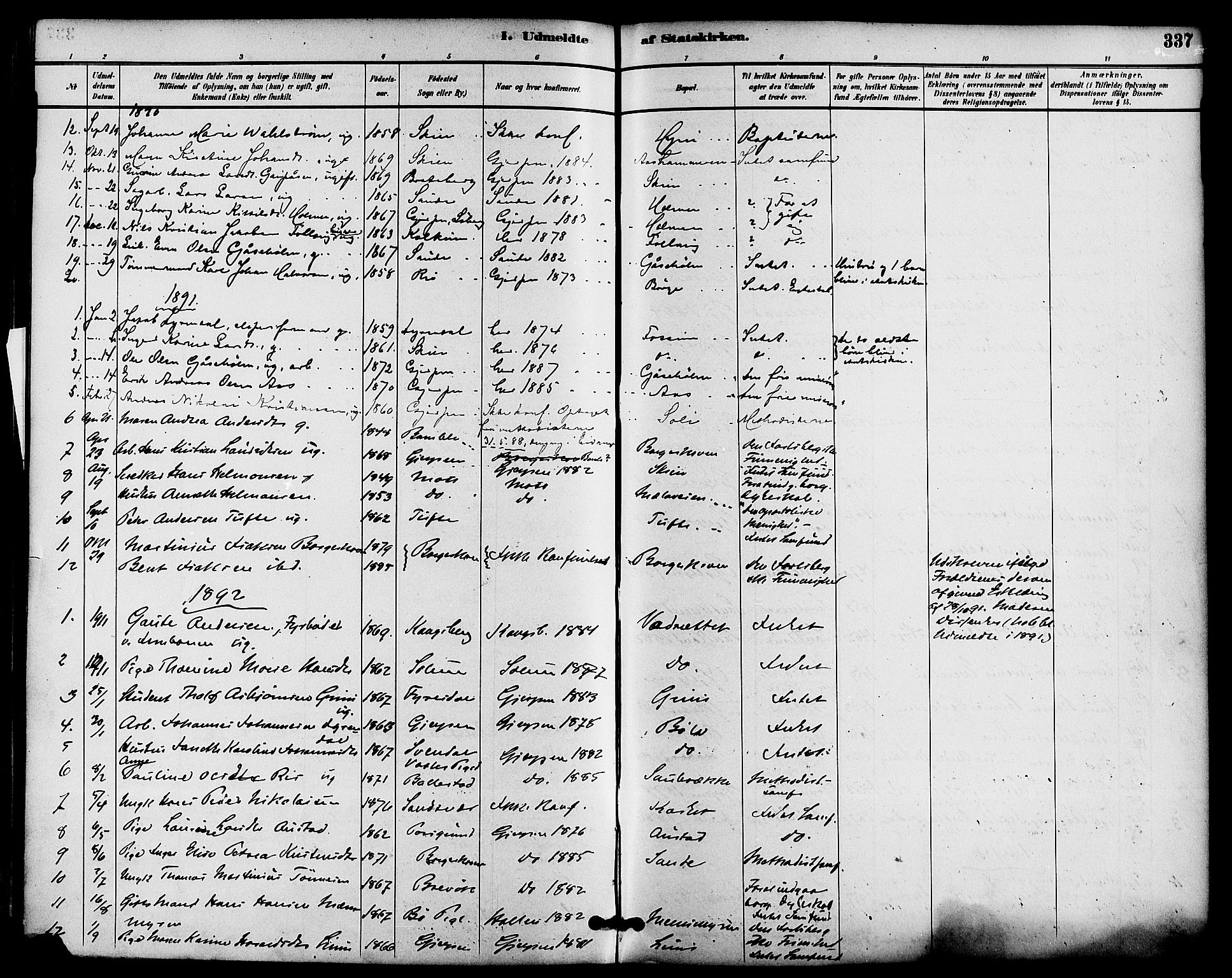 Gjerpen kirkebøker, SAKO/A-265/F/Fa/L0010: Parish register (official) no. I 10, 1886-1895, p. 337
