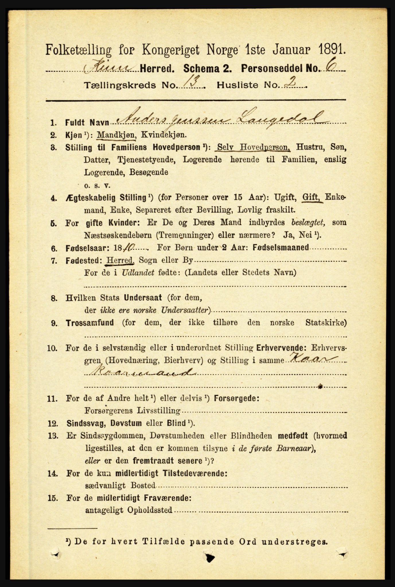 RA, 1891 census for 1437 Kinn, 1891, p. 5062