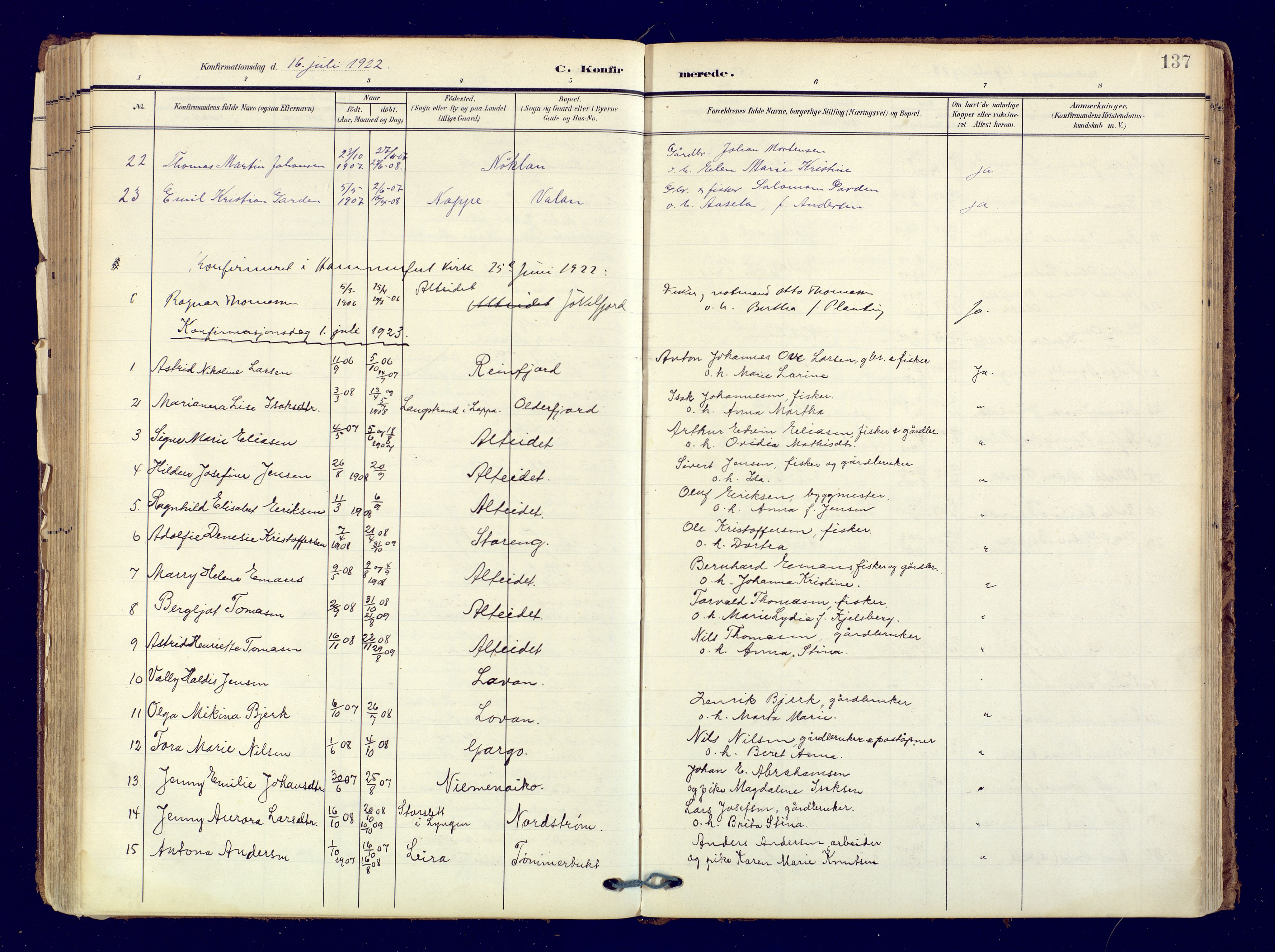 Skjervøy sokneprestkontor, SATØ/S-1300/H/Ha/Haa: Parish register (official) no. 19, 1908-1936, p. 137
