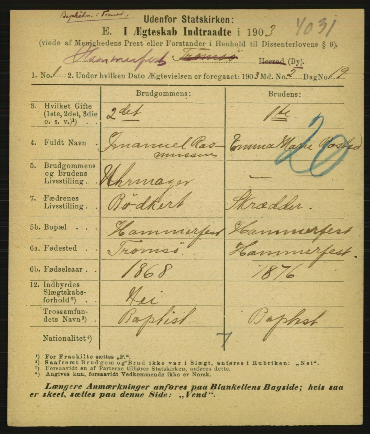 Statistisk sentralbyrå, Sosiodemografiske emner, Befolkning, AV/RA-S-2228/E/L0001: Fødte, gifte, døde dissentere., 1903, p. 2223