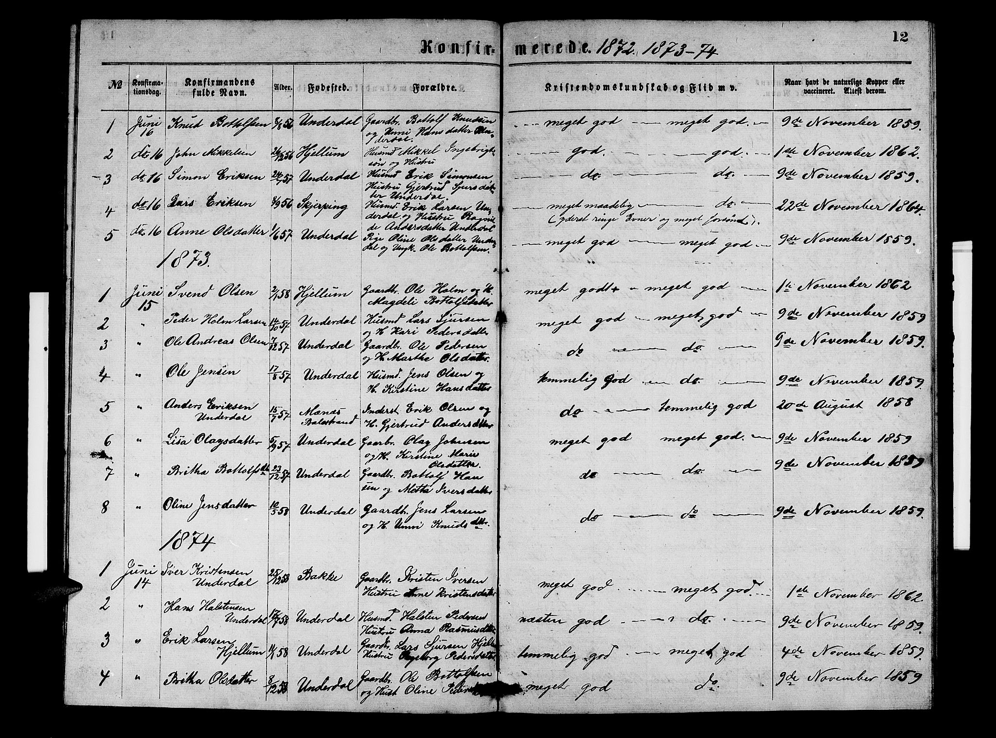 Aurland sokneprestembete, SAB/A-99937/H/Hb/Hbd/L0001: Parish register (copy) no. D 1, 1868-1882, p. 12