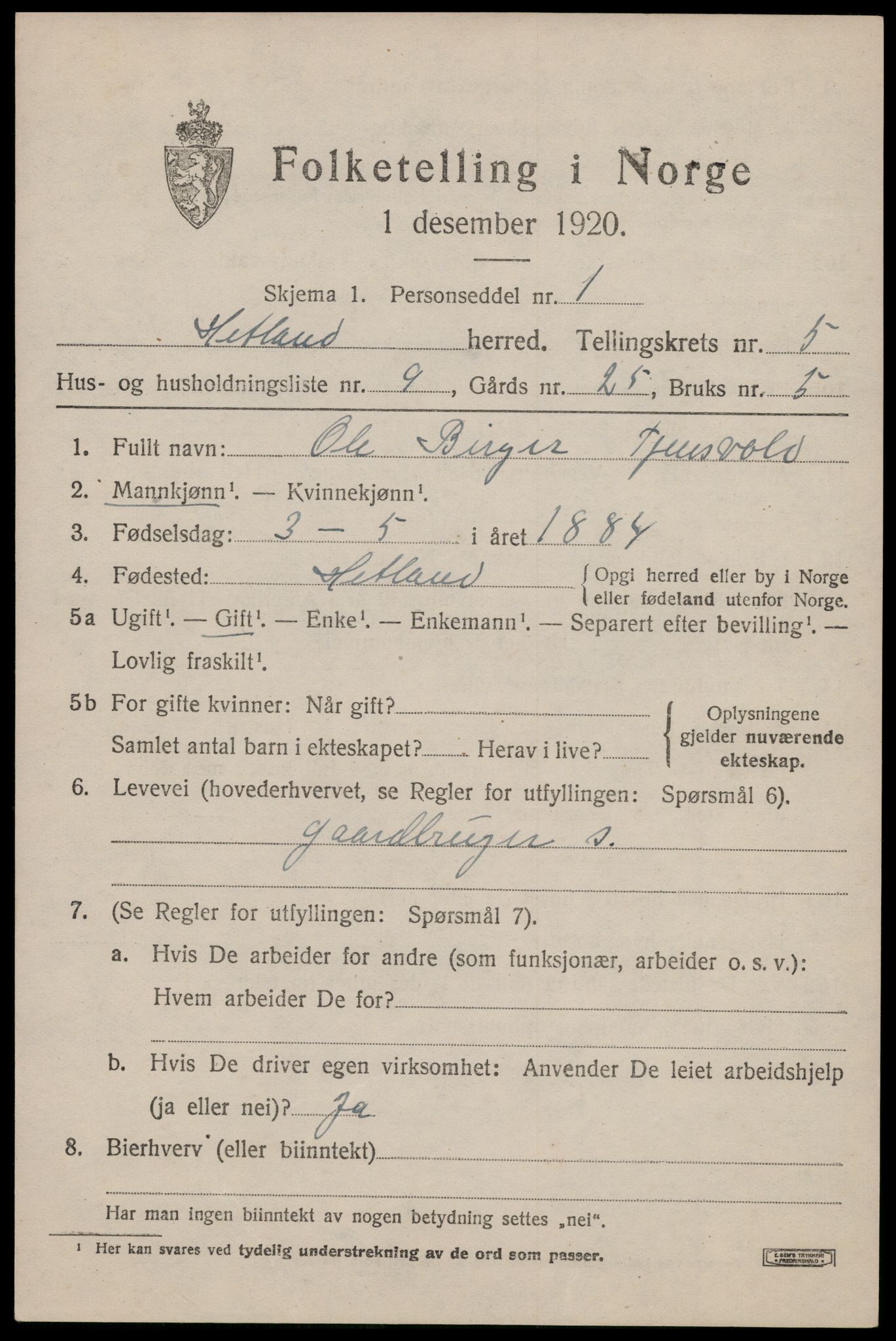 SAST, 1920 census for Hetland, 1920, p. 8477