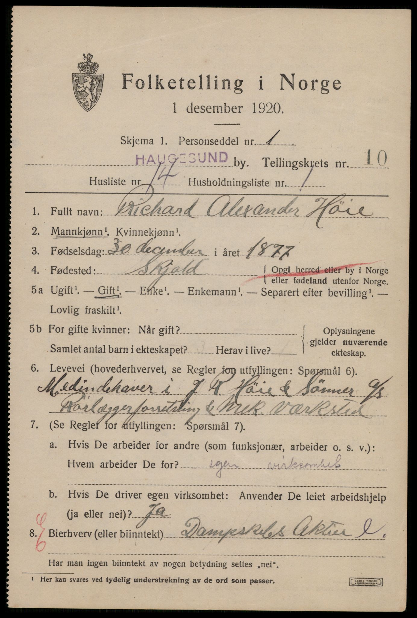 SAST, 1920 census for Haugesund, 1920, p. 33895