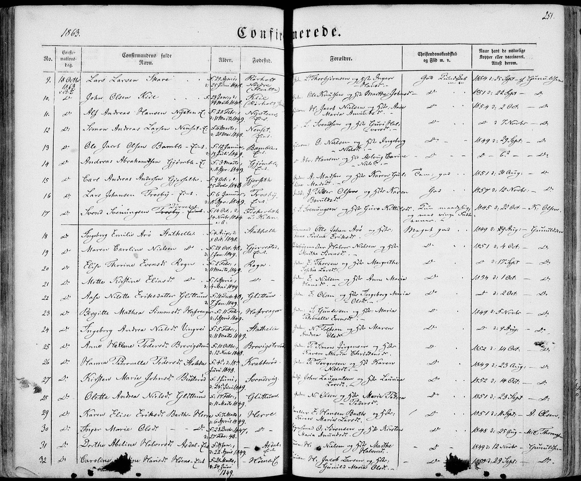 Bamble kirkebøker, SAKO/A-253/F/Fa/L0005: Parish register (official) no. I 5, 1854-1869, p. 251