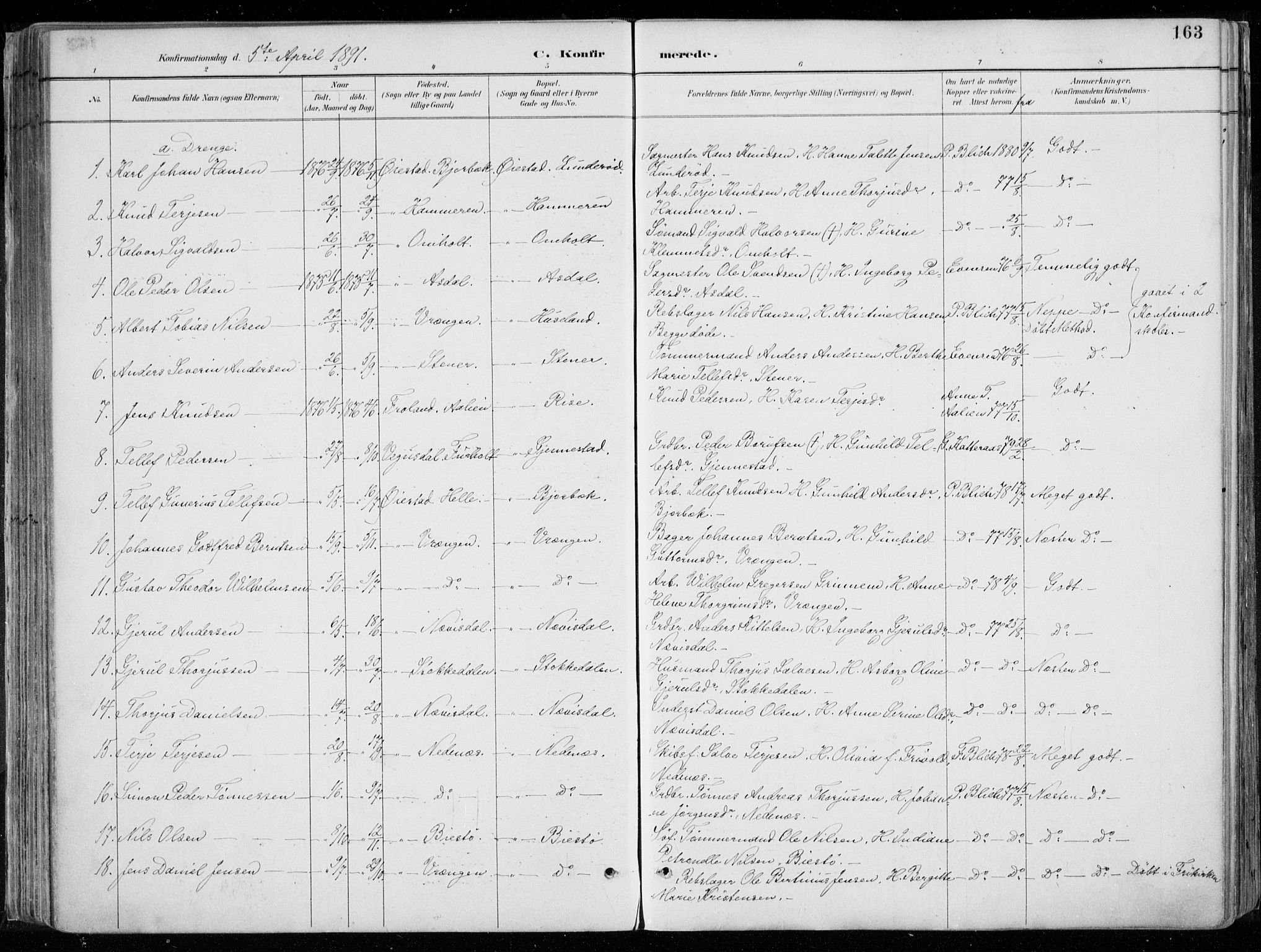 Øyestad sokneprestkontor, AV/SAK-1111-0049/F/Fa/L0017: Parish register (official) no. A 17, 1887-1896, p. 163