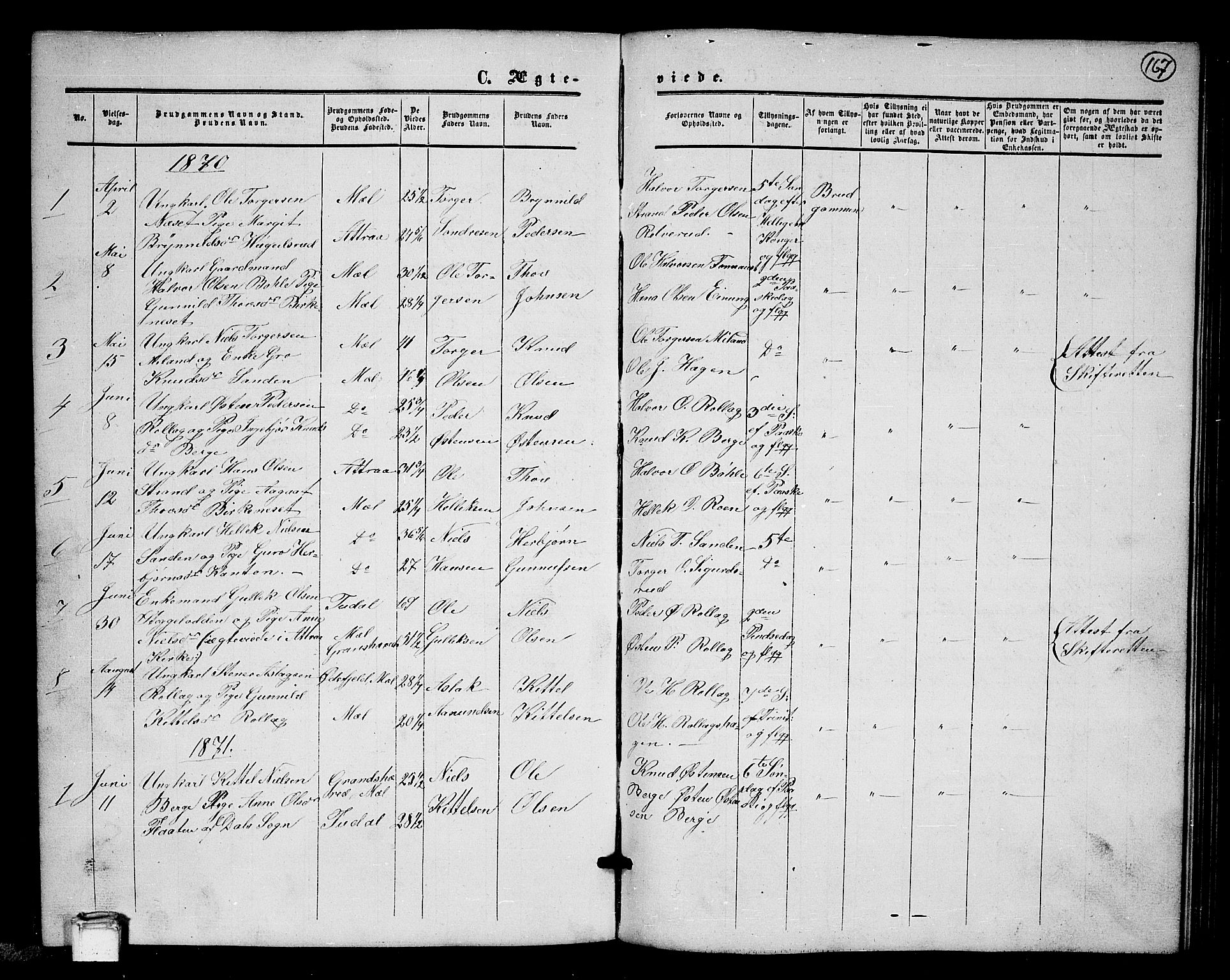 Tinn kirkebøker, SAKO/A-308/G/Gb/L0002: Parish register (copy) no. II 2, 1851-1886, p. 167