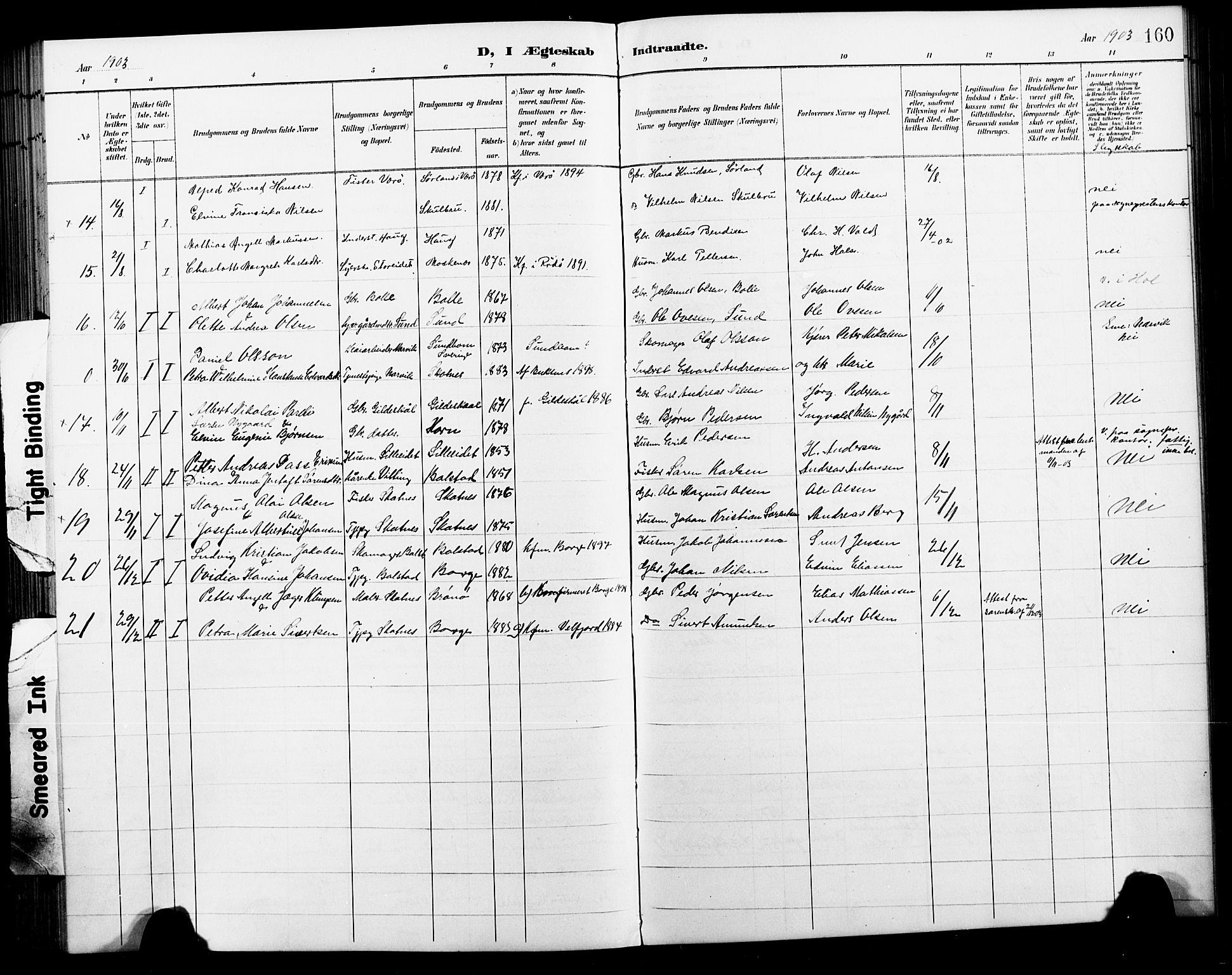 Ministerialprotokoller, klokkerbøker og fødselsregistre - Nordland, AV/SAT-A-1459/881/L1168: Parish register (copy) no. 881C05, 1900-1911, p. 160