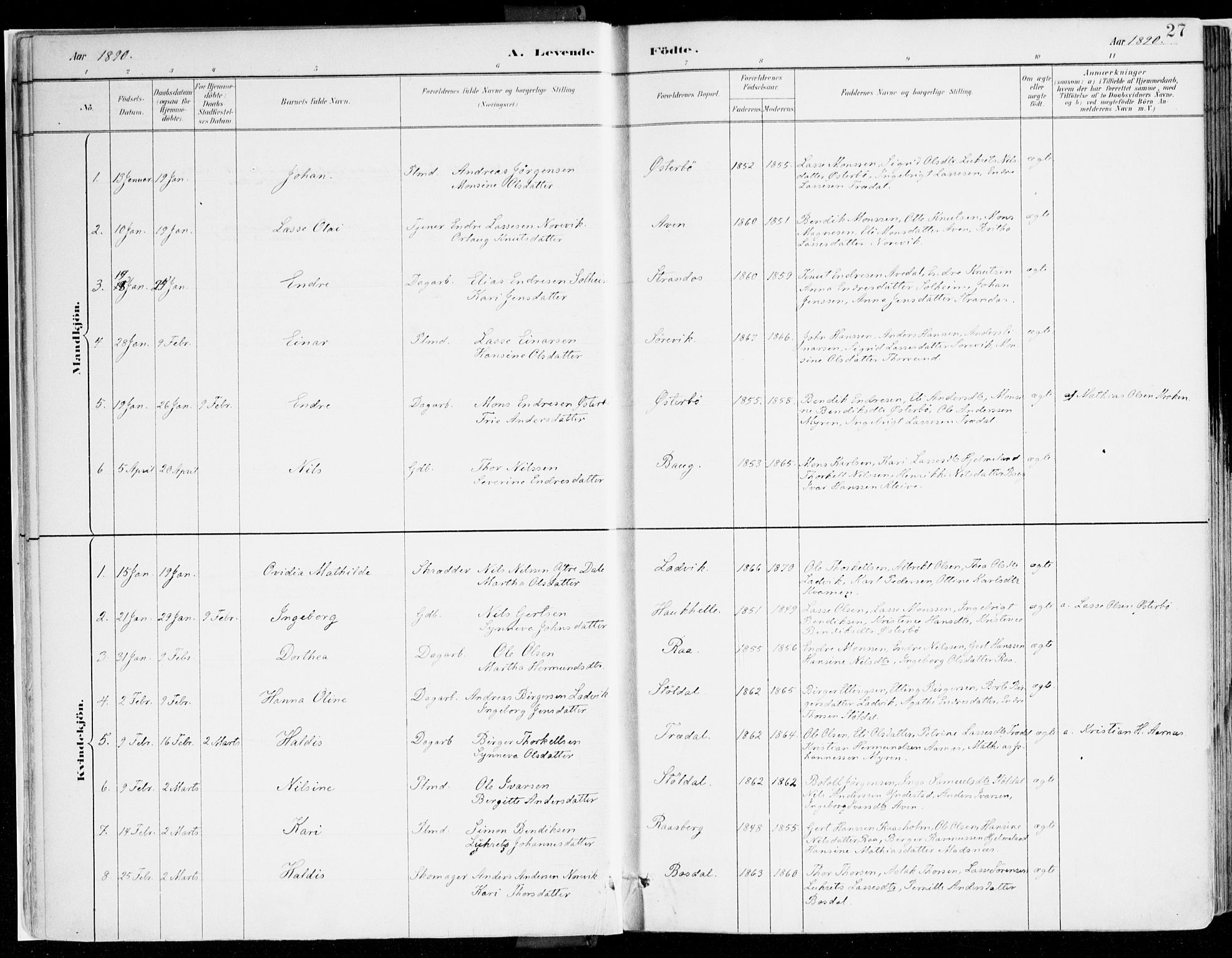 Lavik sokneprestembete, AV/SAB-A-80901: Parish register (official) no. B 1, 1882-1908, p. 27