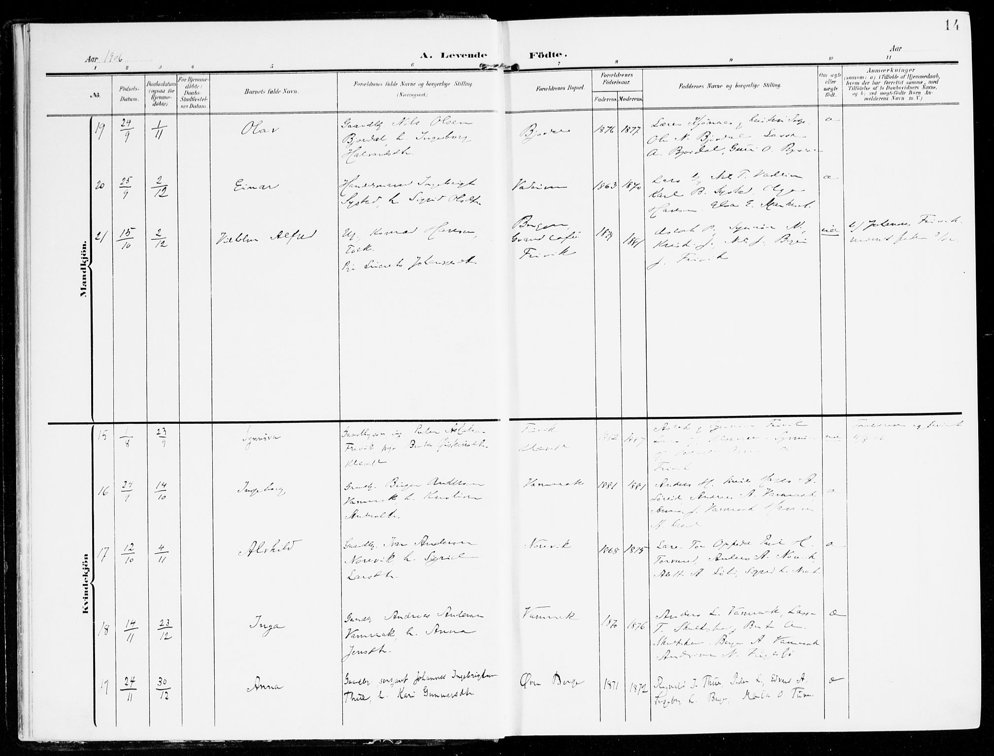 Lavik sokneprestembete, AV/SAB-A-80901: Parish register (official) no. C 2, 1904-1921, p. 14