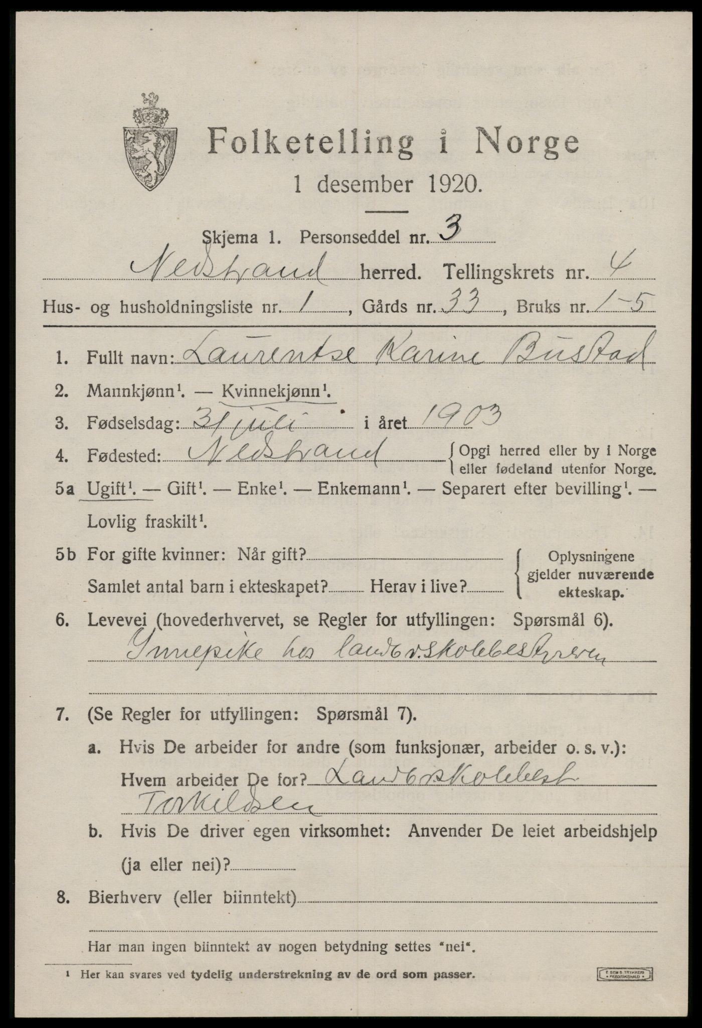 SAST, 1920 census for Nedstrand, 1920, p. 1735