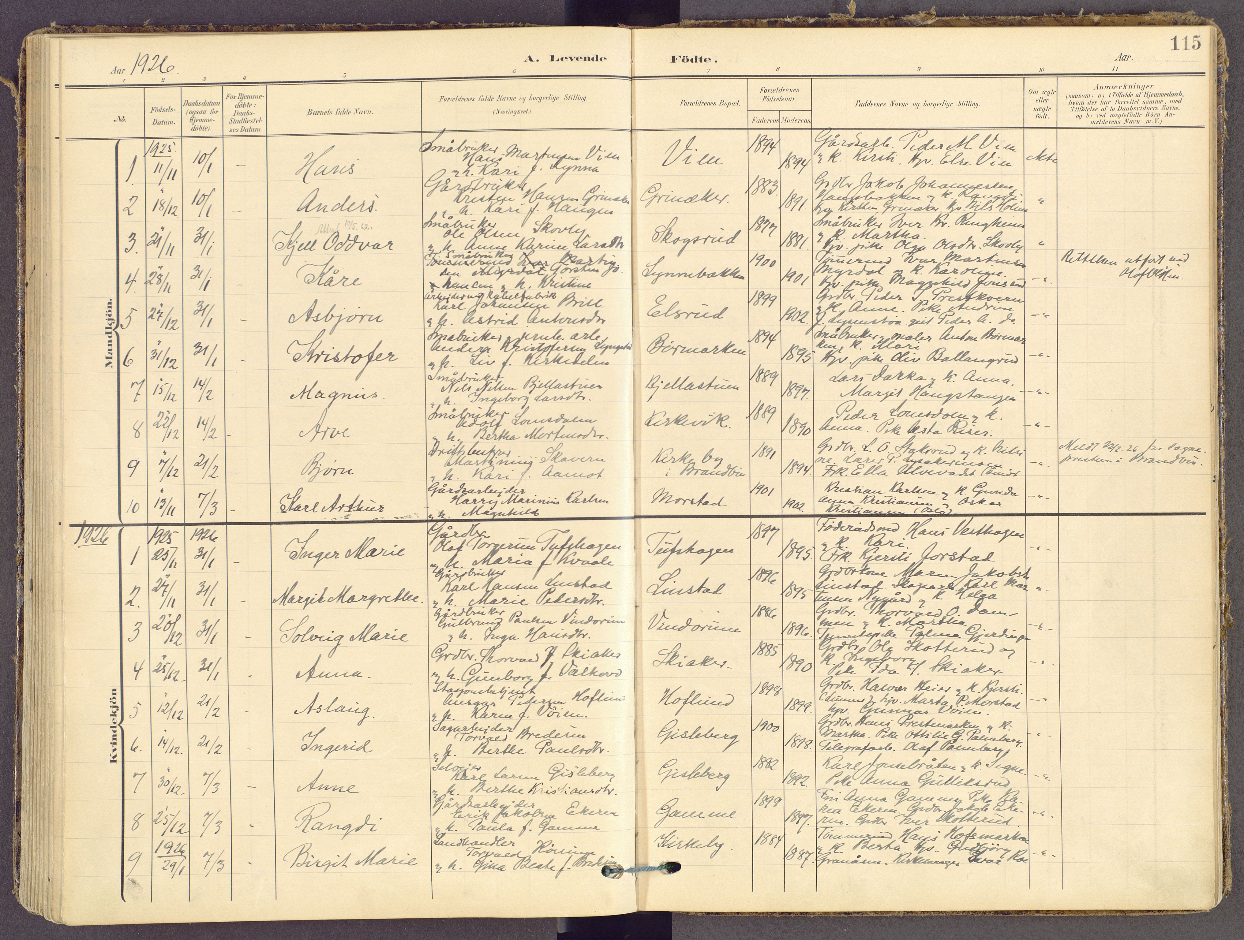 Gran prestekontor, SAH/PREST-112/H/Ha/Haa/L0021: Parish register (official) no. 21, 1908-1932, p. 115