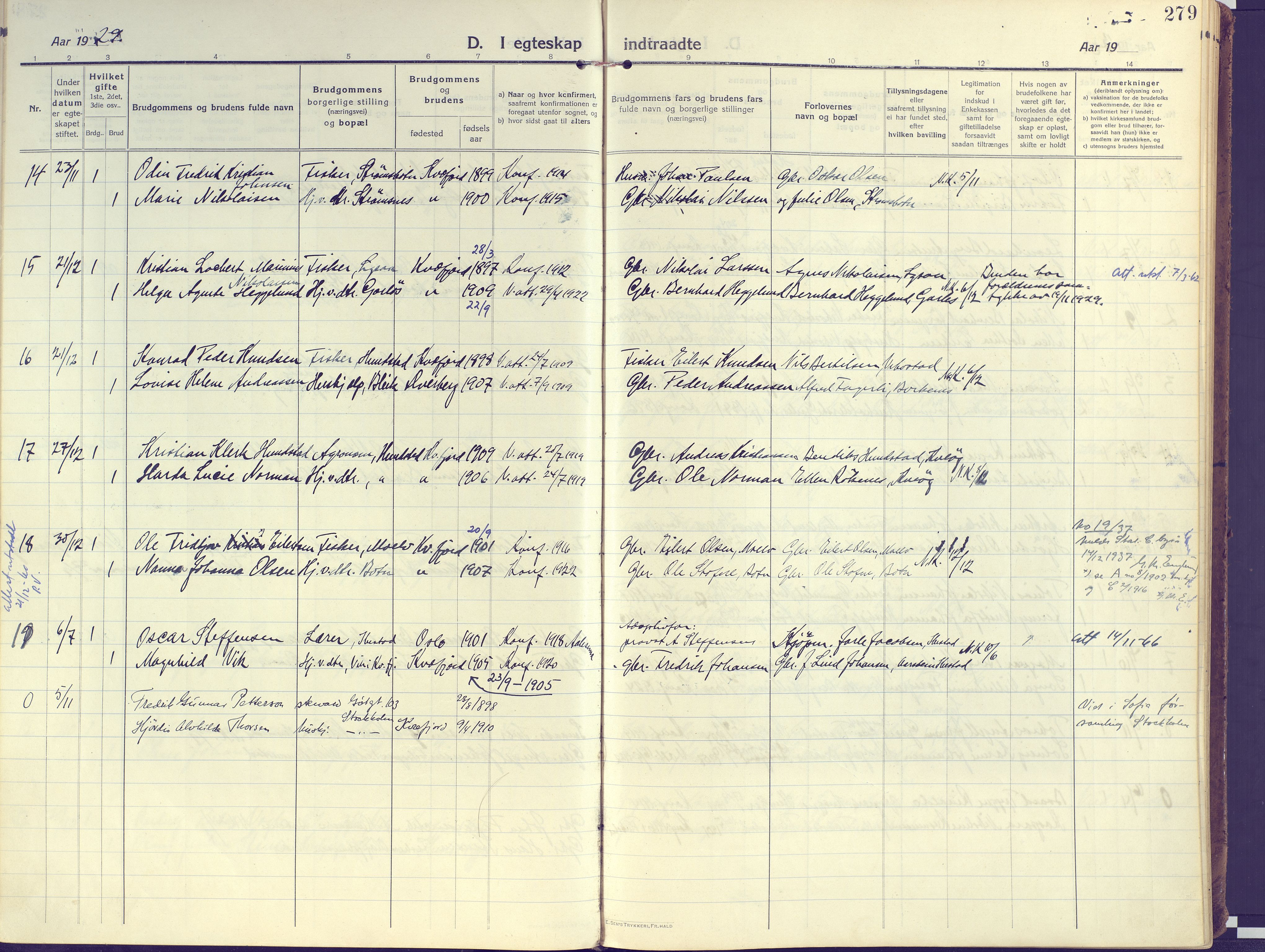 Kvæfjord sokneprestkontor, SATØ/S-1323/G/Ga/Gaa/L0007kirke: Parish register (official) no. 7, 1915-1931, p. 279