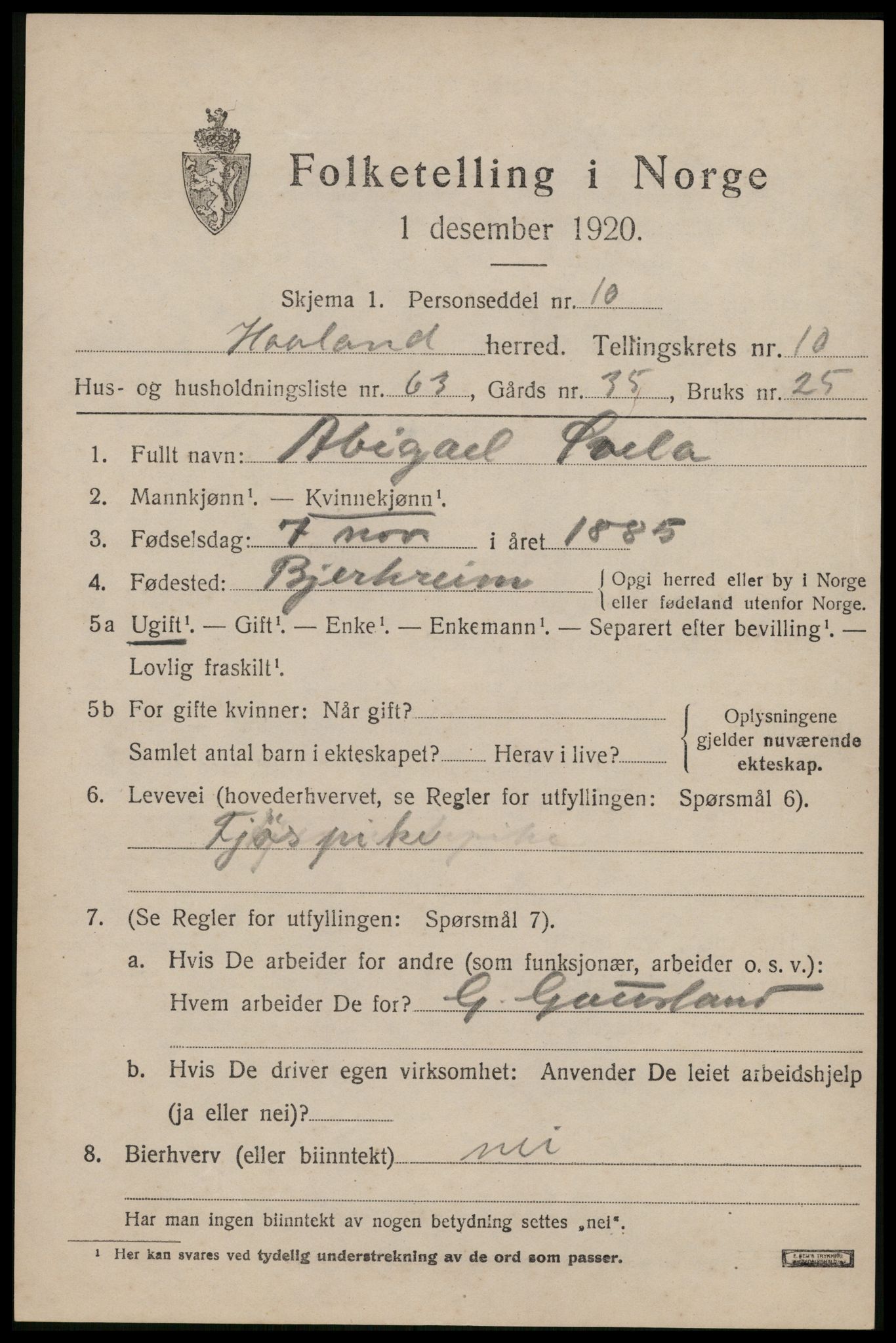 SAST, 1920 census for Håland, 1920, p. 8105