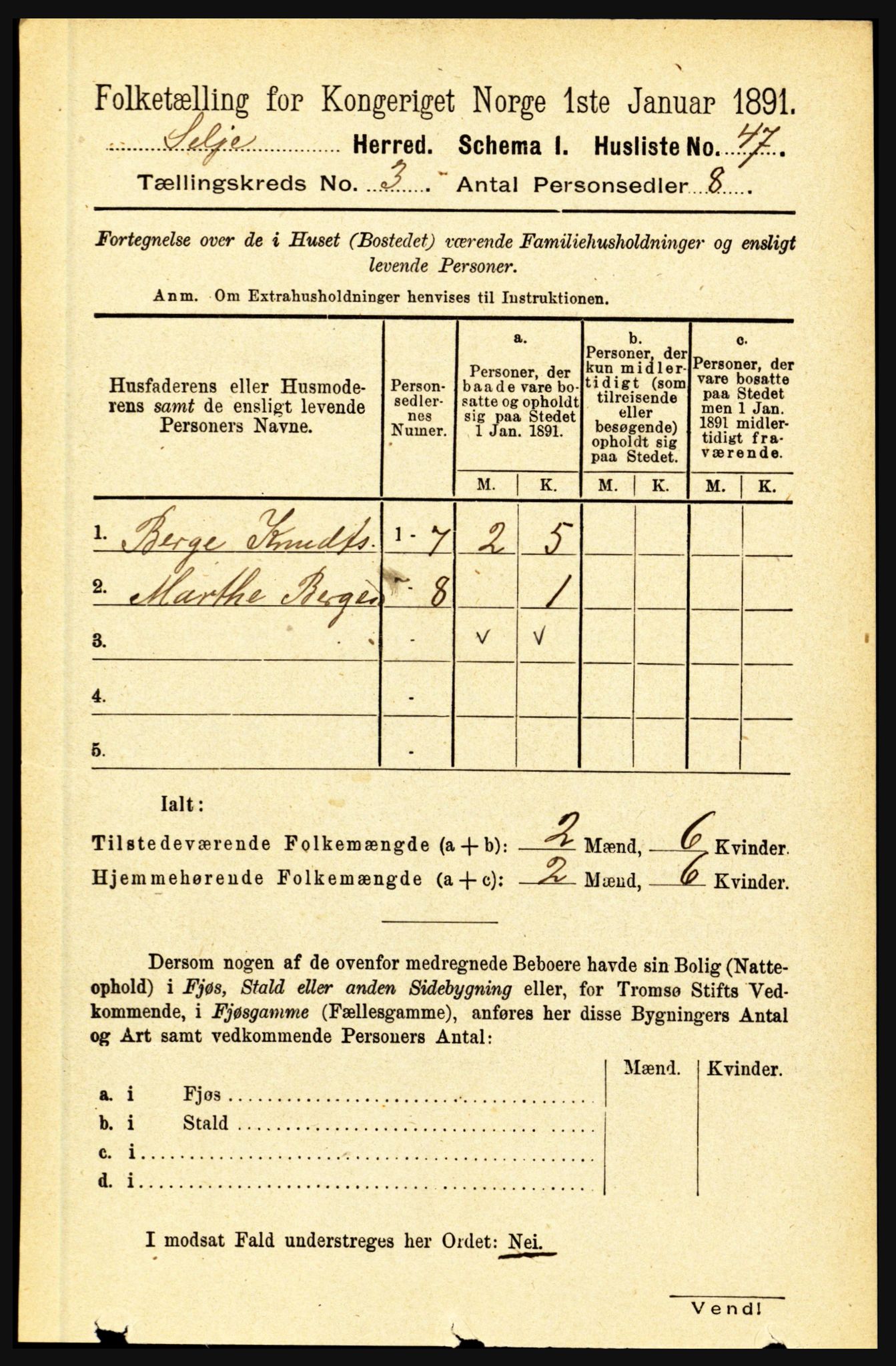 RA, 1891 census for 1441 Selje, 1891, p. 633