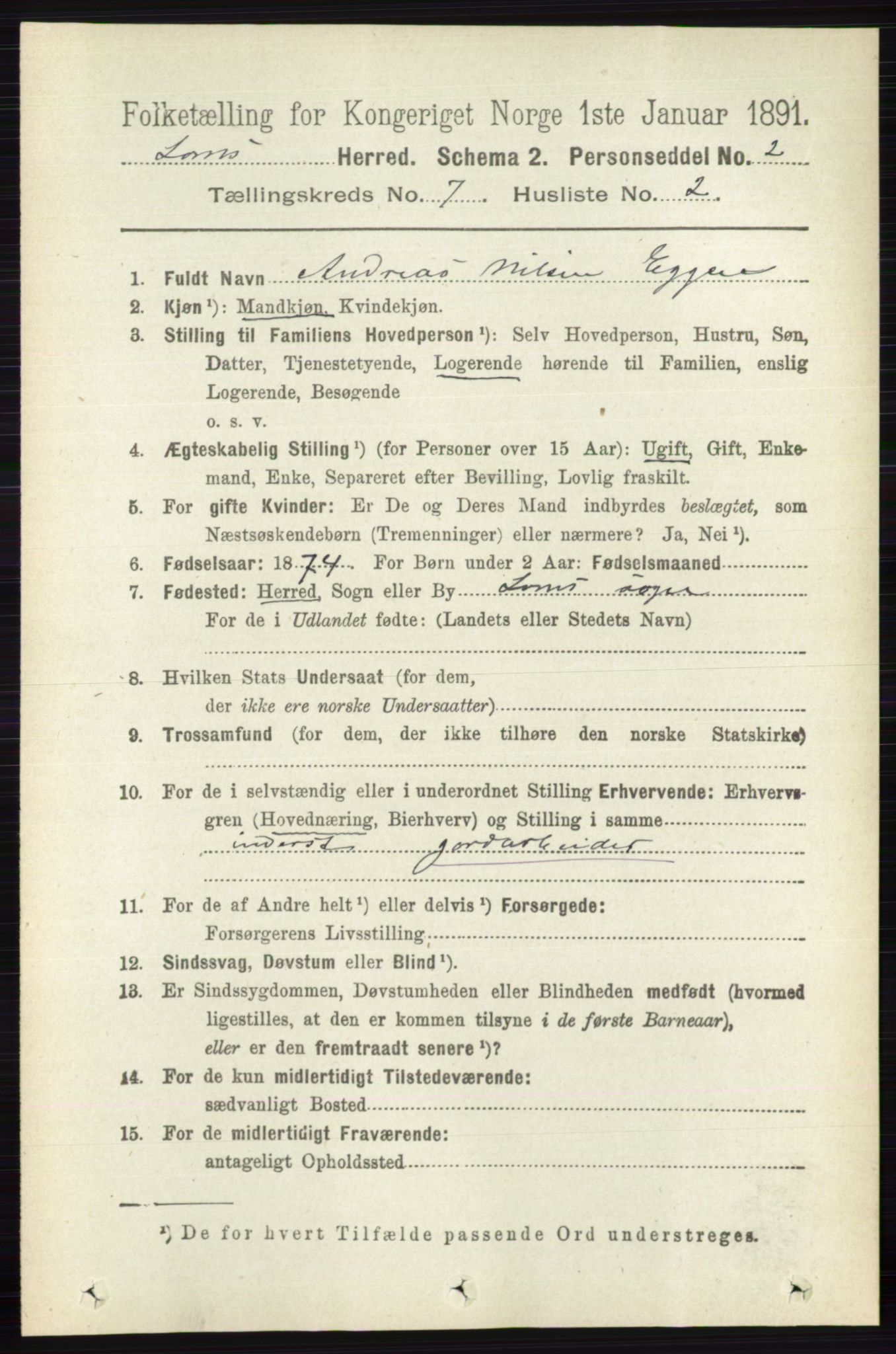 RA, 1891 census for 0514 Lom, 1891, p. 2809