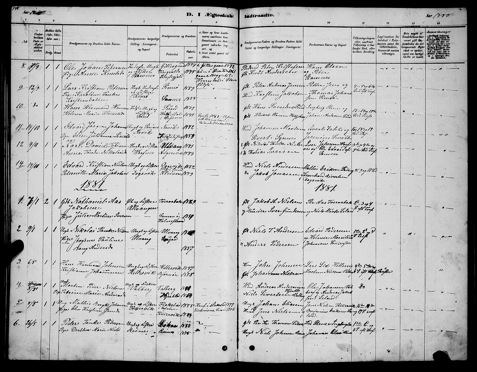 Ministerialprotokoller, klokkerbøker og fødselsregistre - Nordland, AV/SAT-A-1459/831/L0477: Parish register (copy) no. 831C04, 1878-1897, p. 148