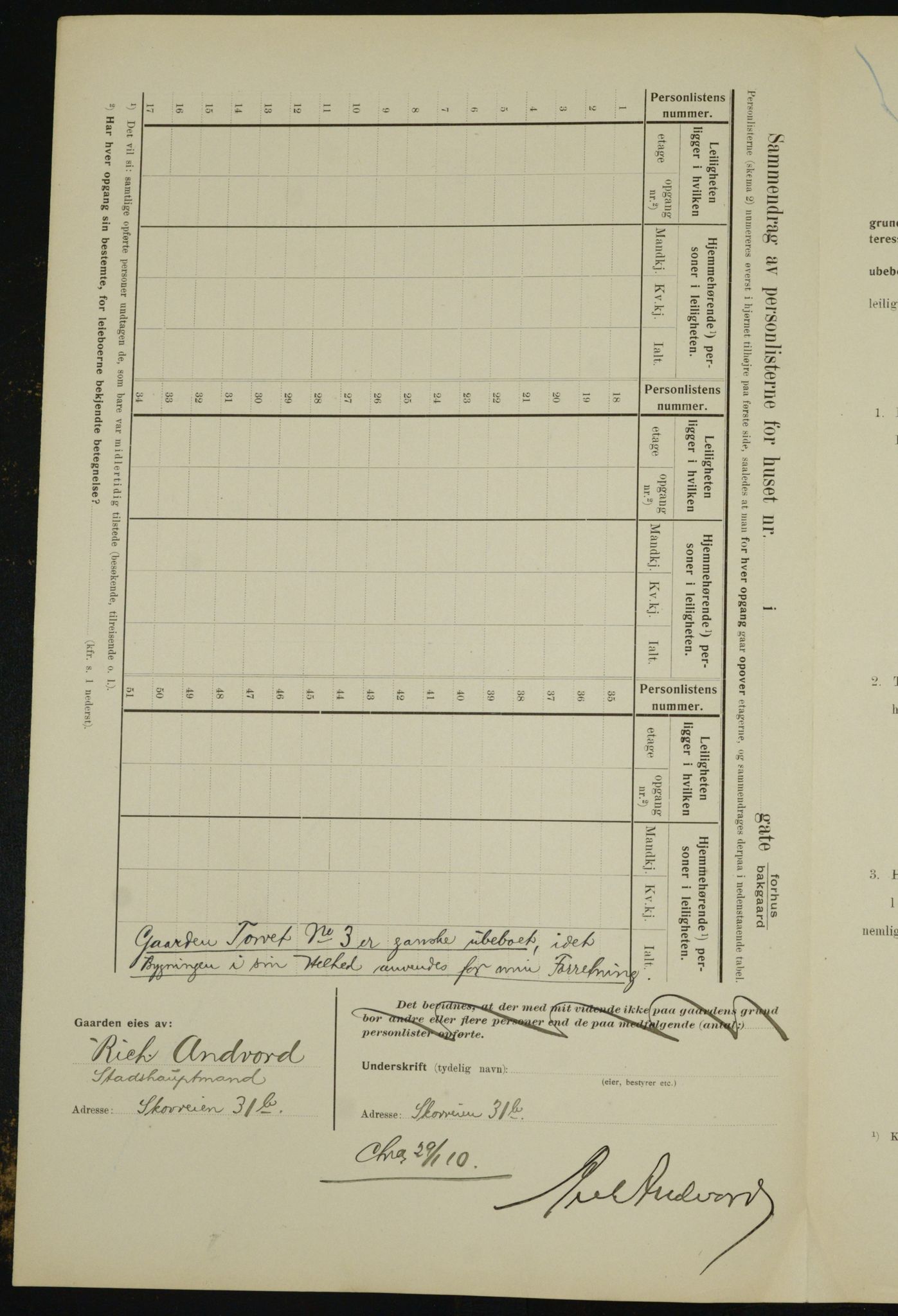 OBA, Municipal Census 1910 for Kristiania, 1910, p. 109301