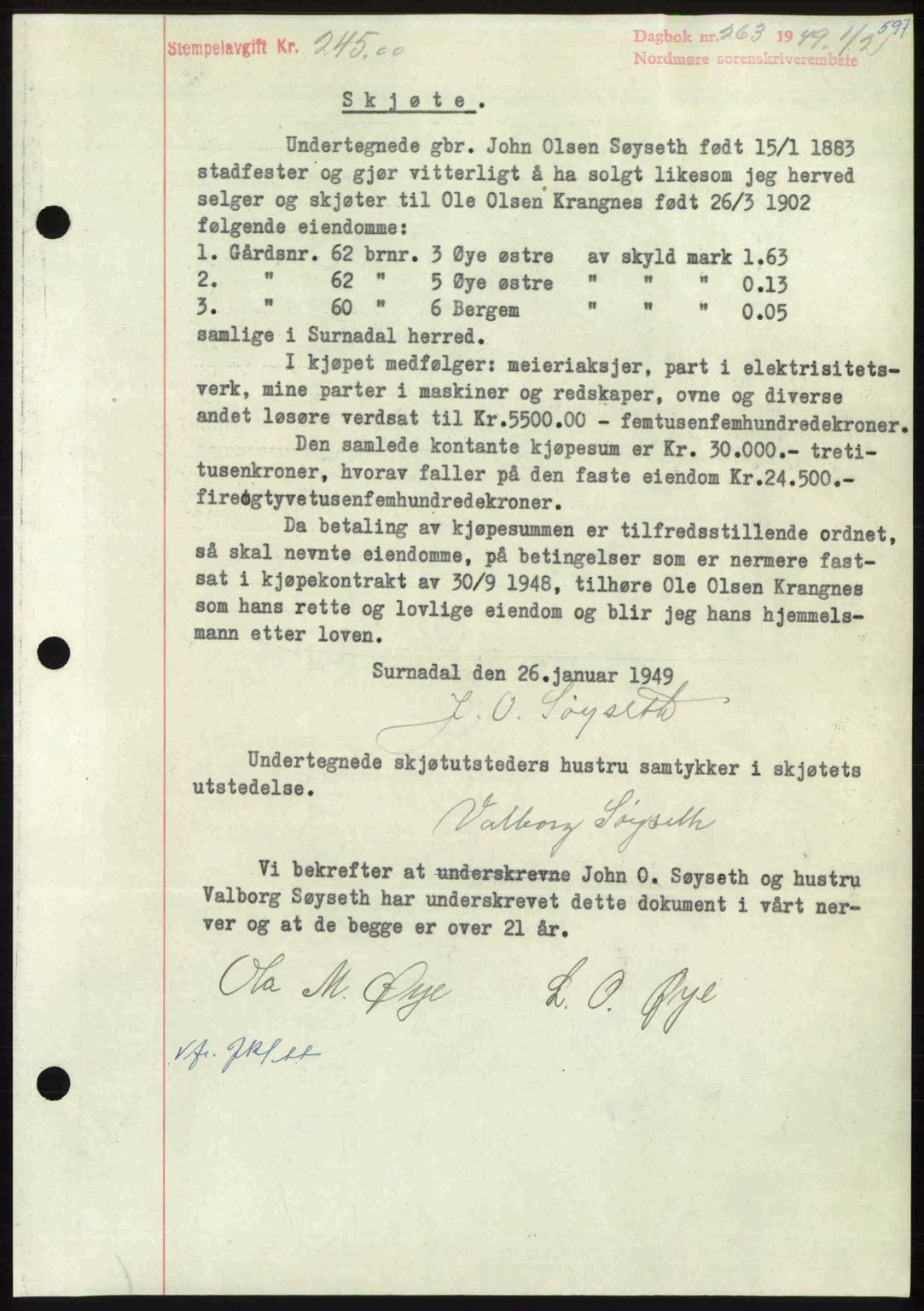 Nordmøre sorenskriveri, AV/SAT-A-4132/1/2/2Ca: Mortgage book no. A110, 1948-1949, Diary no: : 263/1949