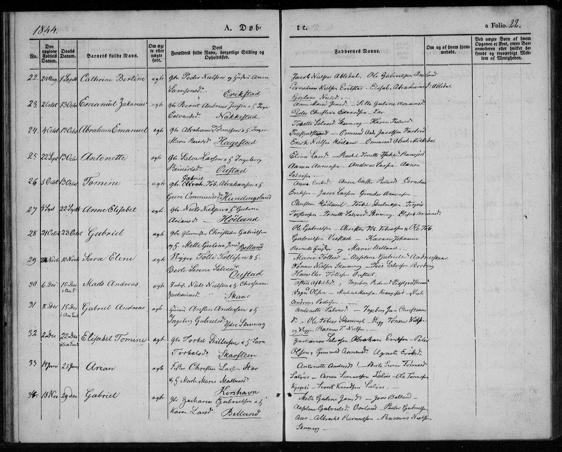 Lyngdal sokneprestkontor, SAK/1111-0029/F/Fa/Faa/L0001: Parish register (official) no. A 1, 1837-1857, p. 22