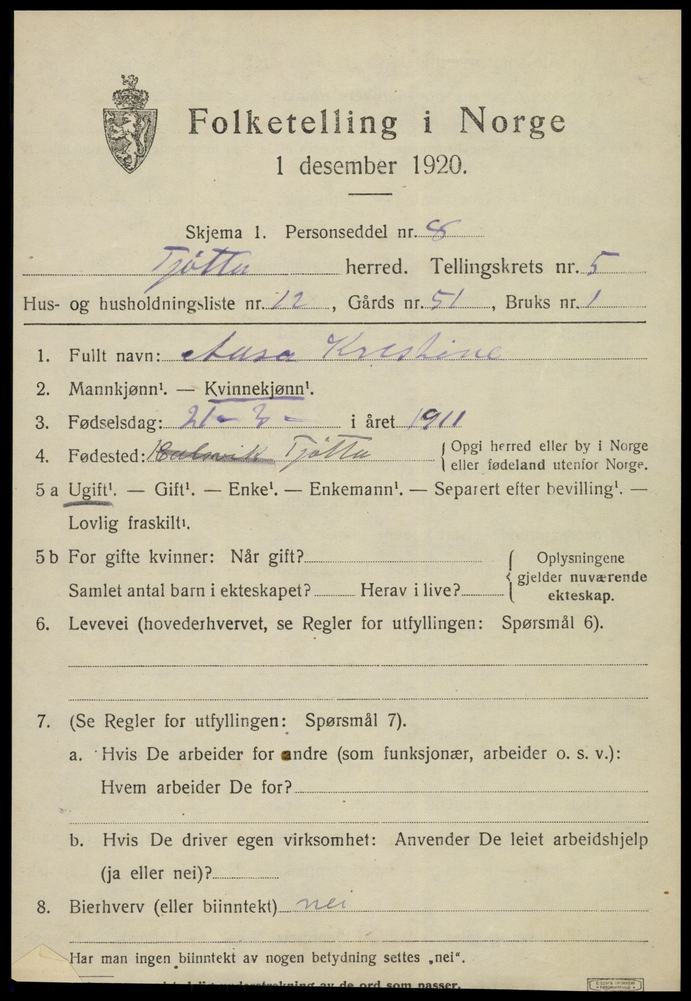 SAT, 1920 census for Tjøtta, 1920, p. 2151