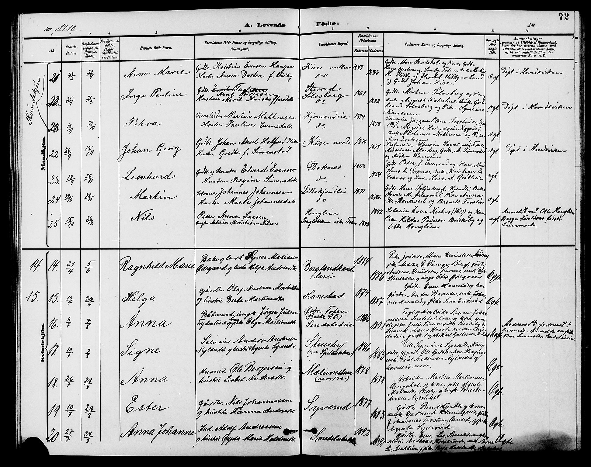 Nes prestekontor, Hedmark, AV/SAH-PREST-020/L/La/L0007: Parish register (copy) no. 7, 1892-1912, p. 72