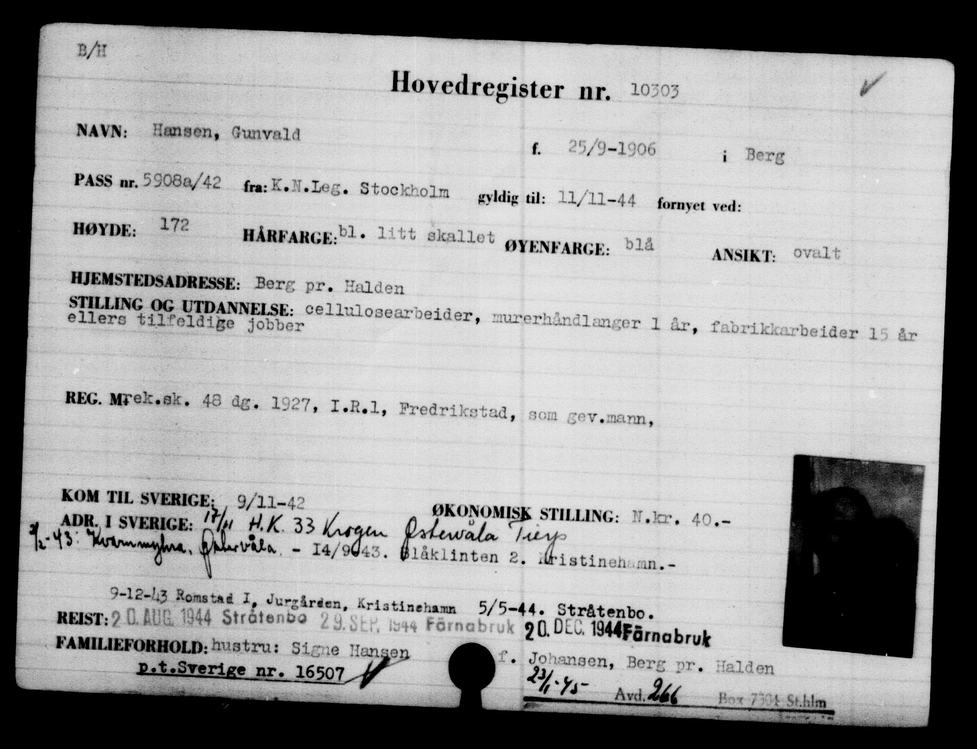 Utenriksstasjonene, Legasjonen i Stockholm, Flyktningkontoret, AV/RA-S-6753/V/Va/L0006: Kjesäterkartoteket, flyktninger med registreringsnr. 9400-12711, 1940-1945, p. 1036