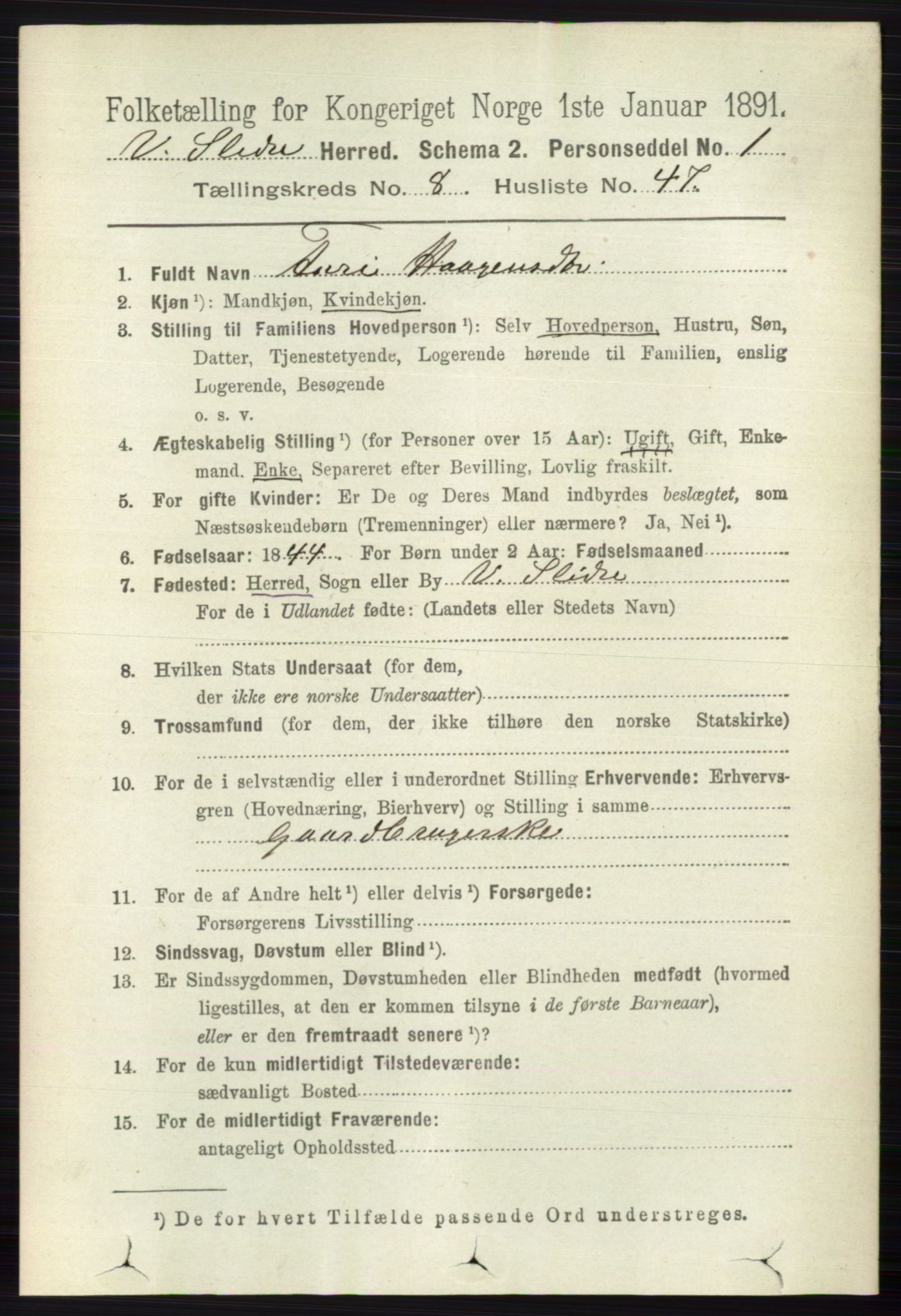 RA, 1891 census for 0543 Vestre Slidre, 1891, p. 3237
