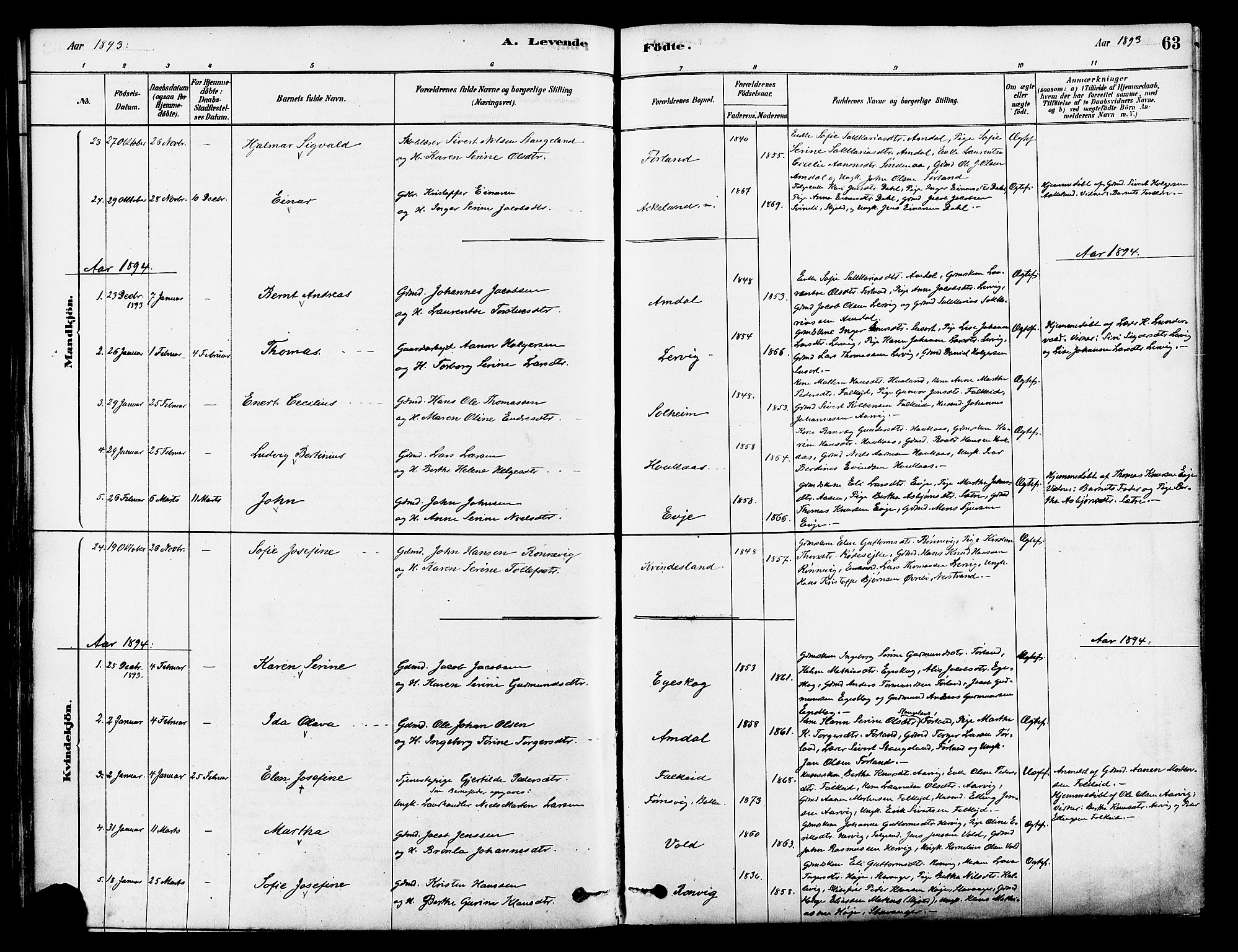 Tysvær sokneprestkontor, SAST/A -101864/H/Ha/Haa/L0006: Parish register (official) no. A 6, 1878-1896, p. 63