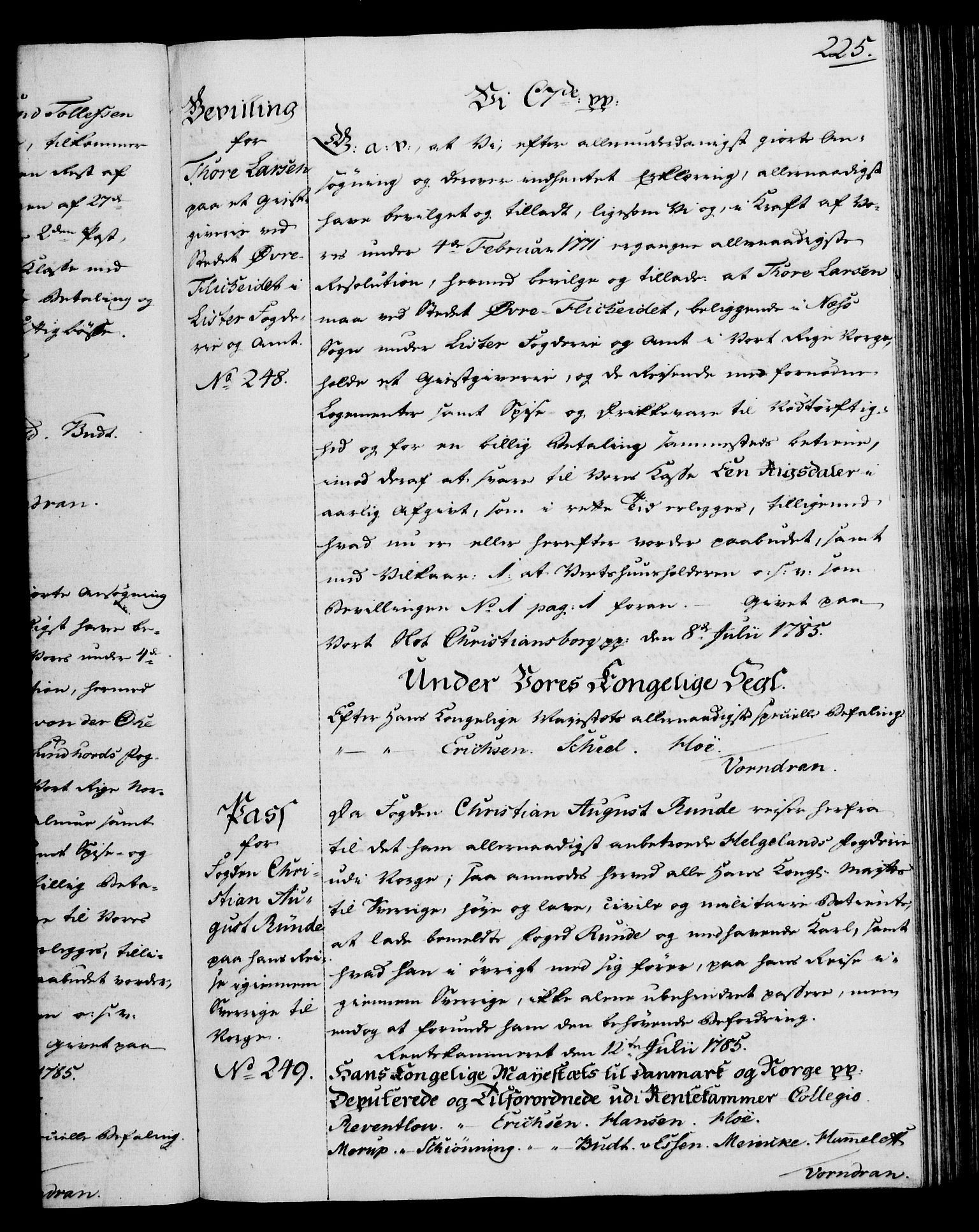 Rentekammeret, Kammerkanselliet, RA/EA-3111/G/Gg/Gga/L0013: Norsk ekspedisjonsprotokoll med register (merket RK 53.13), 1784-1787, p. 225