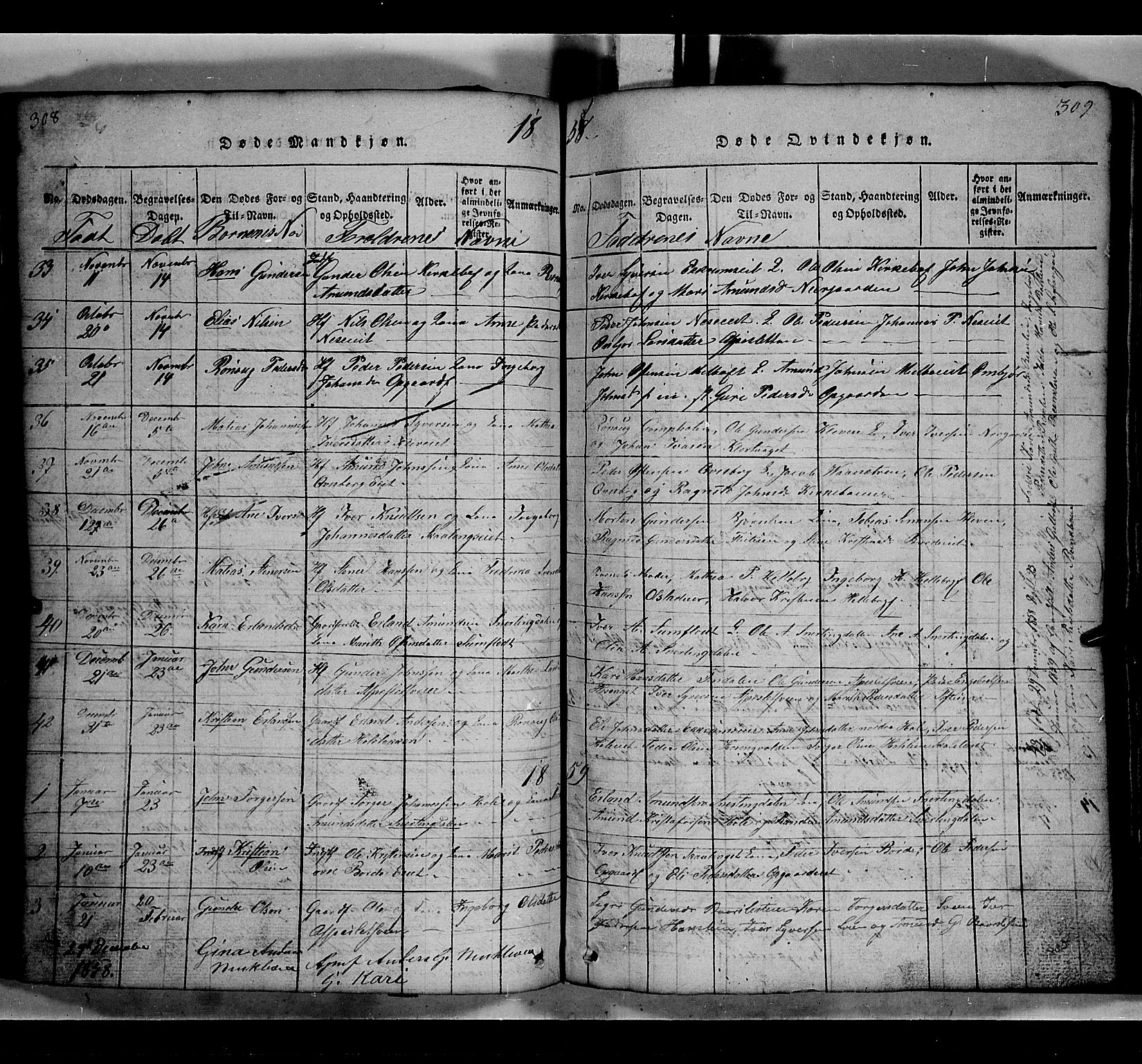 Gausdal prestekontor, SAH/PREST-090/H/Ha/Hab/L0002: Parish register (copy) no. 2, 1818-1874, p. 308-309