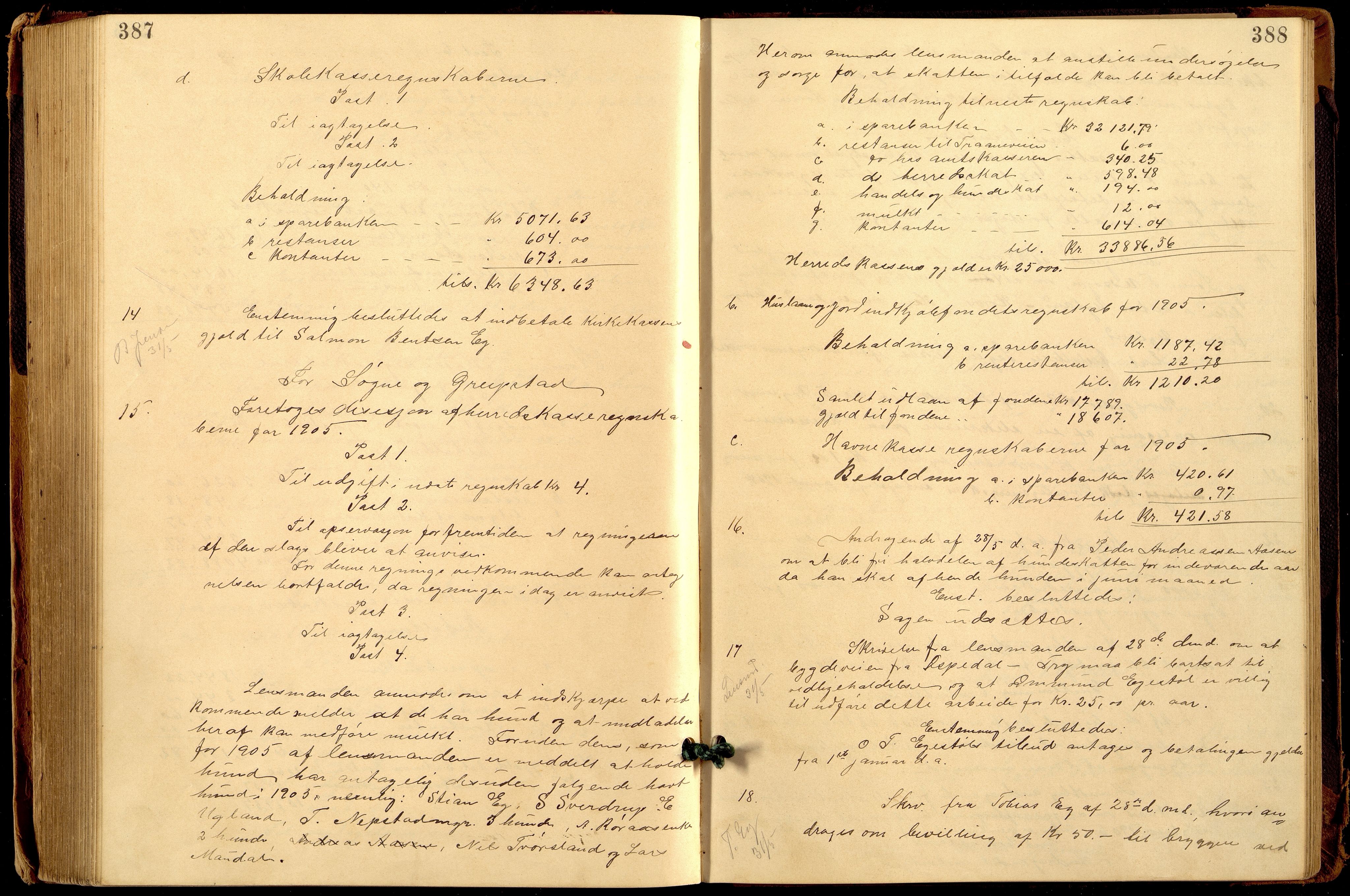 Søgne og Greipstad kommune - Formannskapet, ARKSOR/1018SG120/A/L0006: Møtebok (d), 1901-1909, p. 387-388