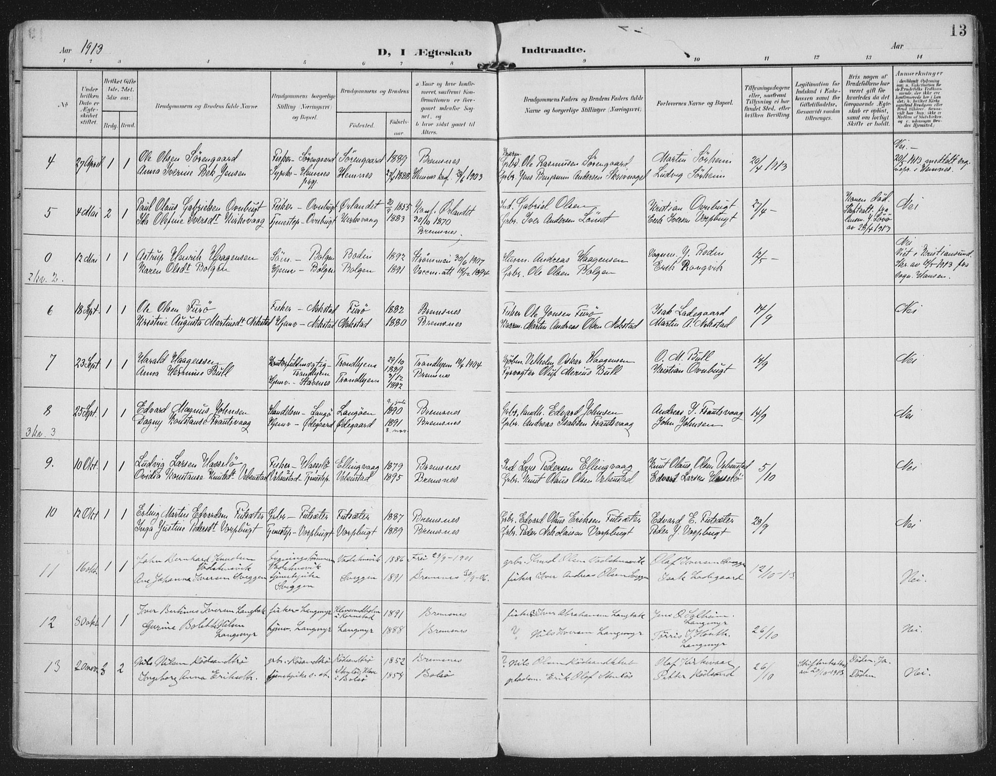 Ministerialprotokoller, klokkerbøker og fødselsregistre - Møre og Romsdal, AV/SAT-A-1454/569/L0822: Parish register (official) no. 569A08, 1908-1919, p. 13