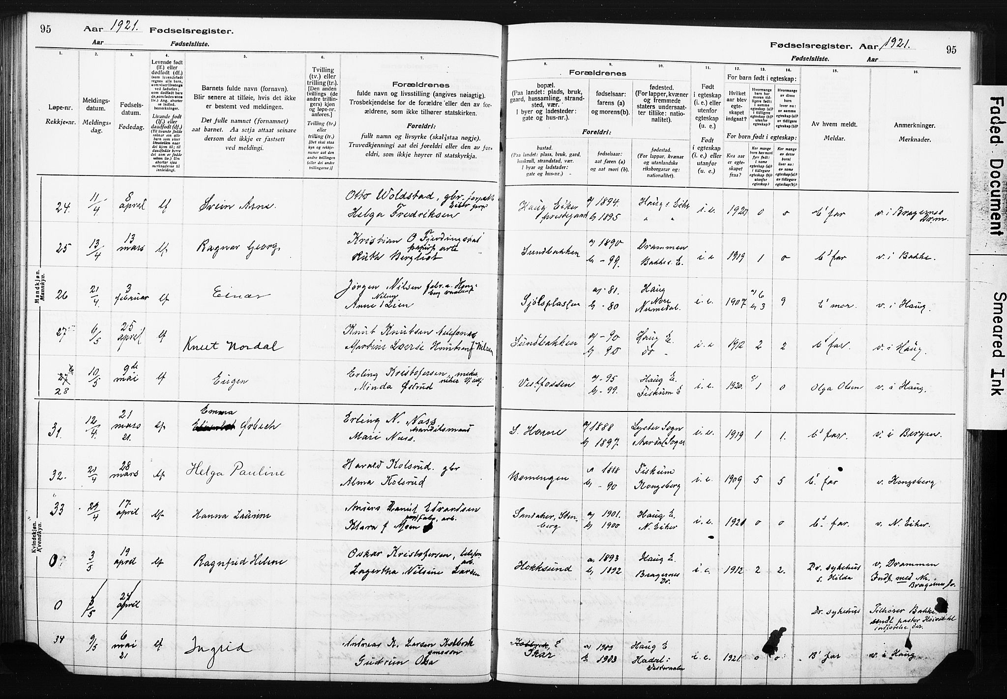 Eiker kirkebøker, AV/SAKO-A-4/J/Ja/L0001: Birth register no. I 1, 1916-1927, p. 95