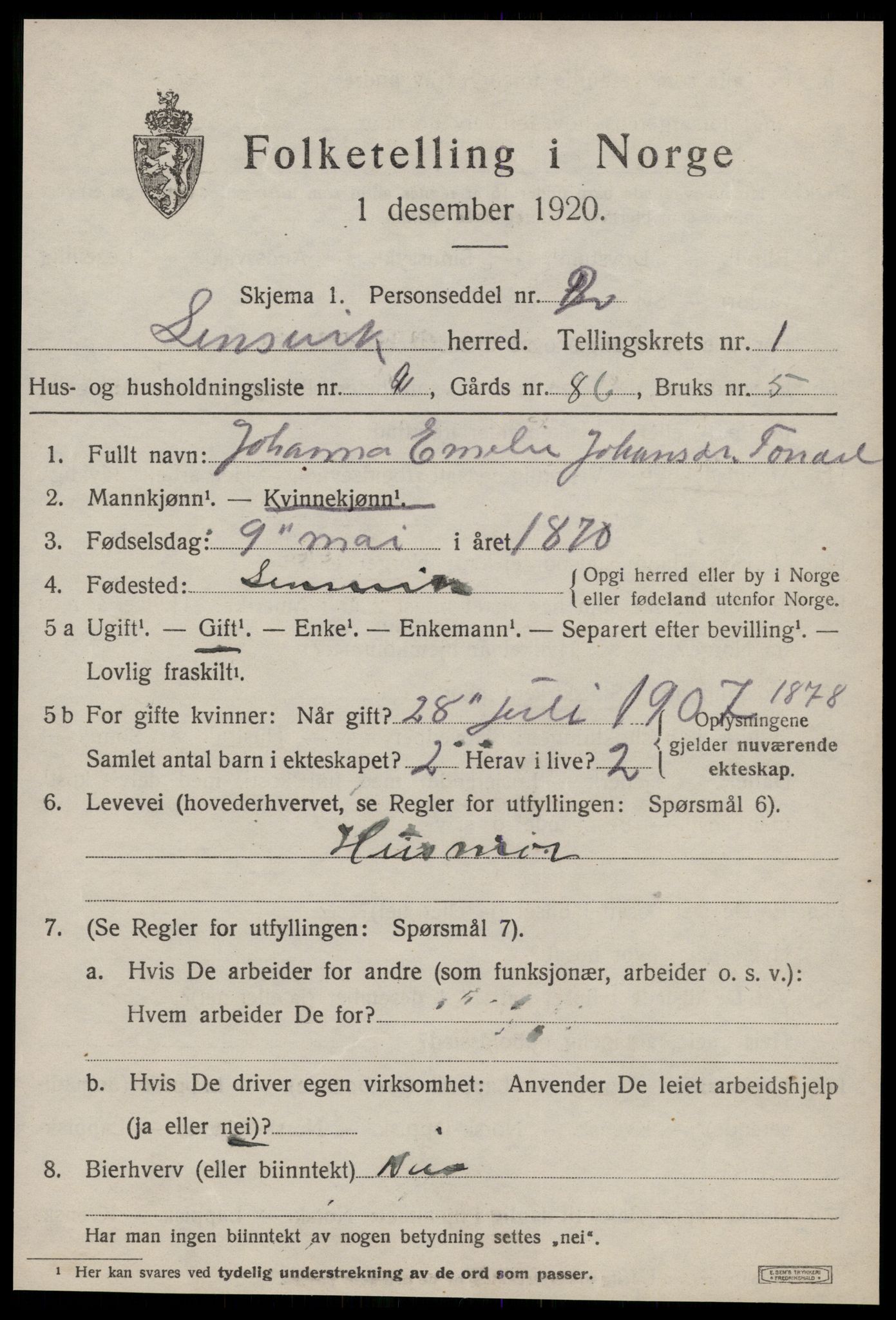 SAT, 1920 census for Lensvik, 1920, p. 378
