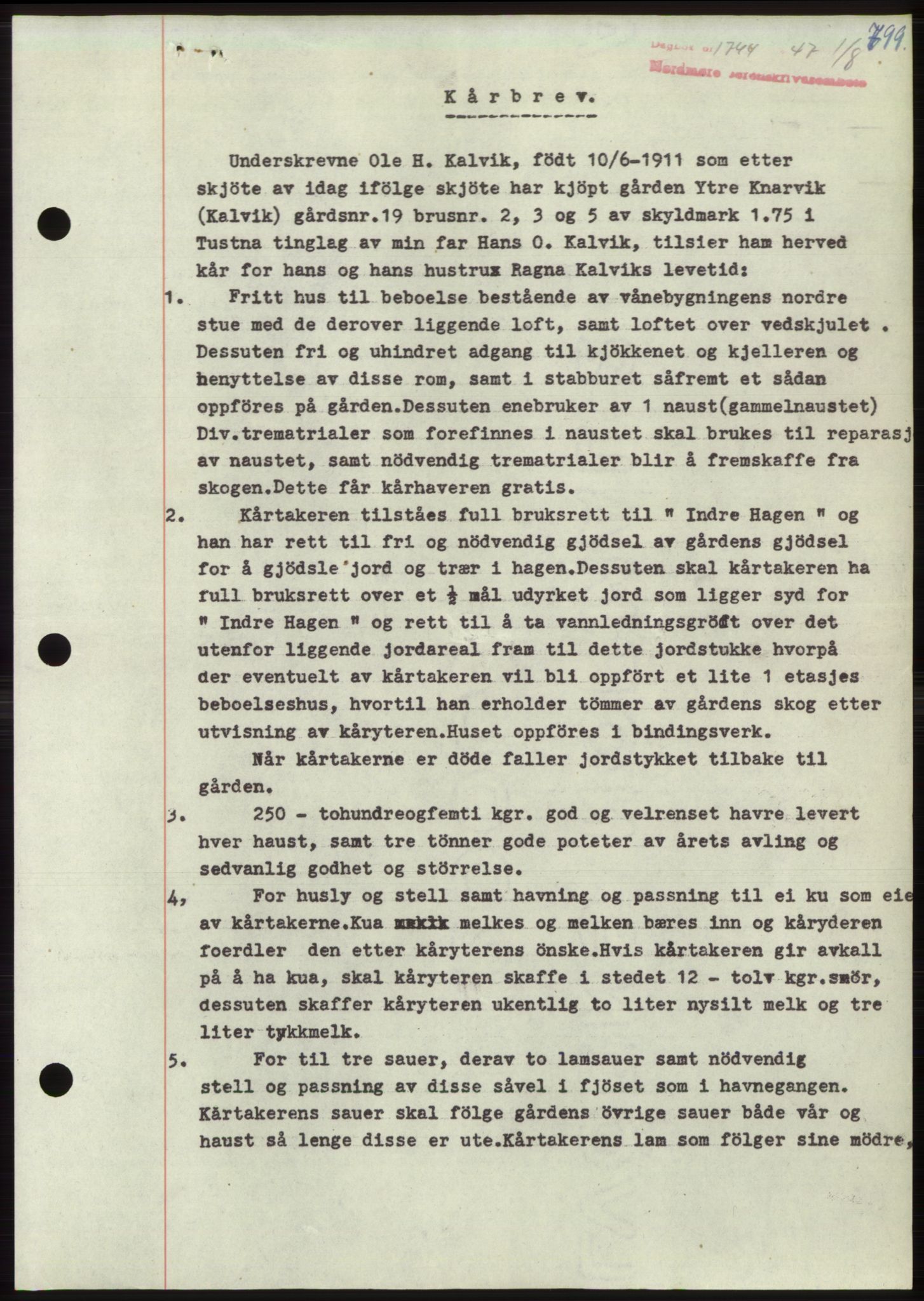 Nordmøre sorenskriveri, AV/SAT-A-4132/1/2/2Ca: Mortgage book no. B96, 1947-1947, Diary no: : 1744/1947