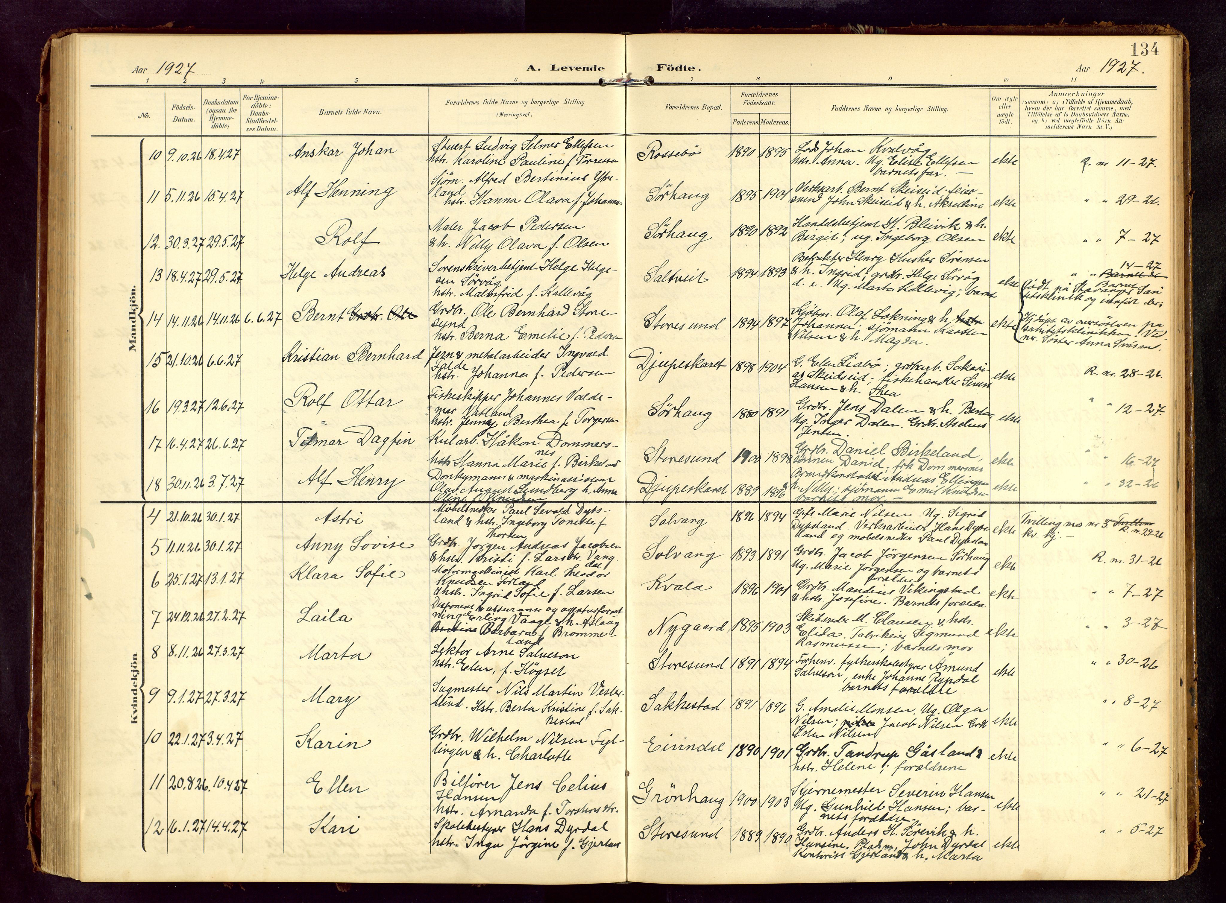 Haugesund sokneprestkontor, SAST/A -101863/H/Ha/Hab/L0006: Parish register (copy) no. B 6, 1906-1944, p. 134