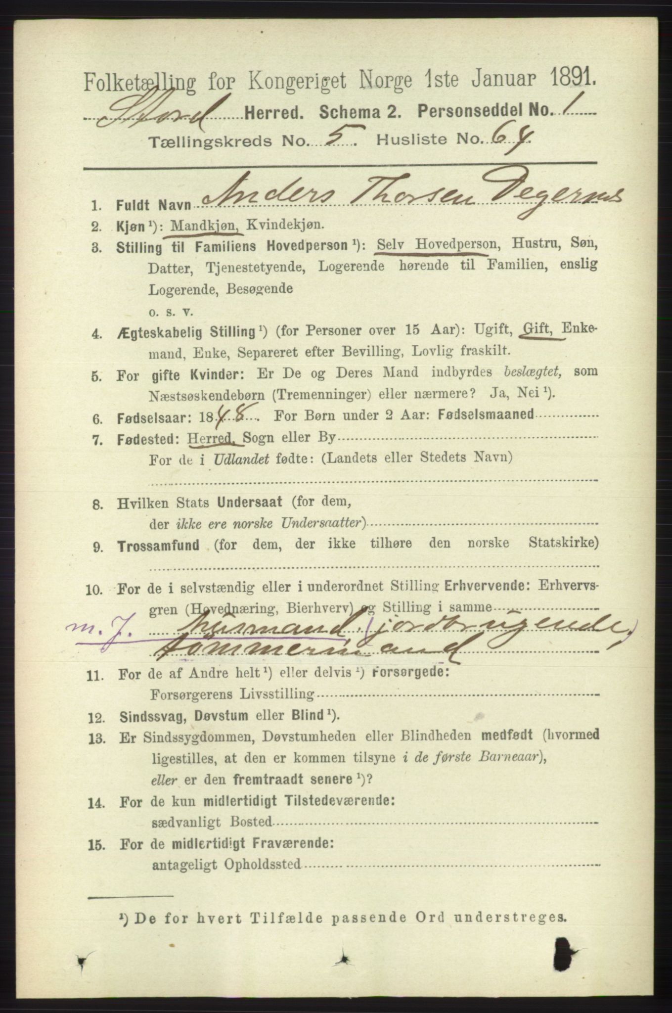 RA, 1891 census for 1221 Stord, 1891, p. 2015