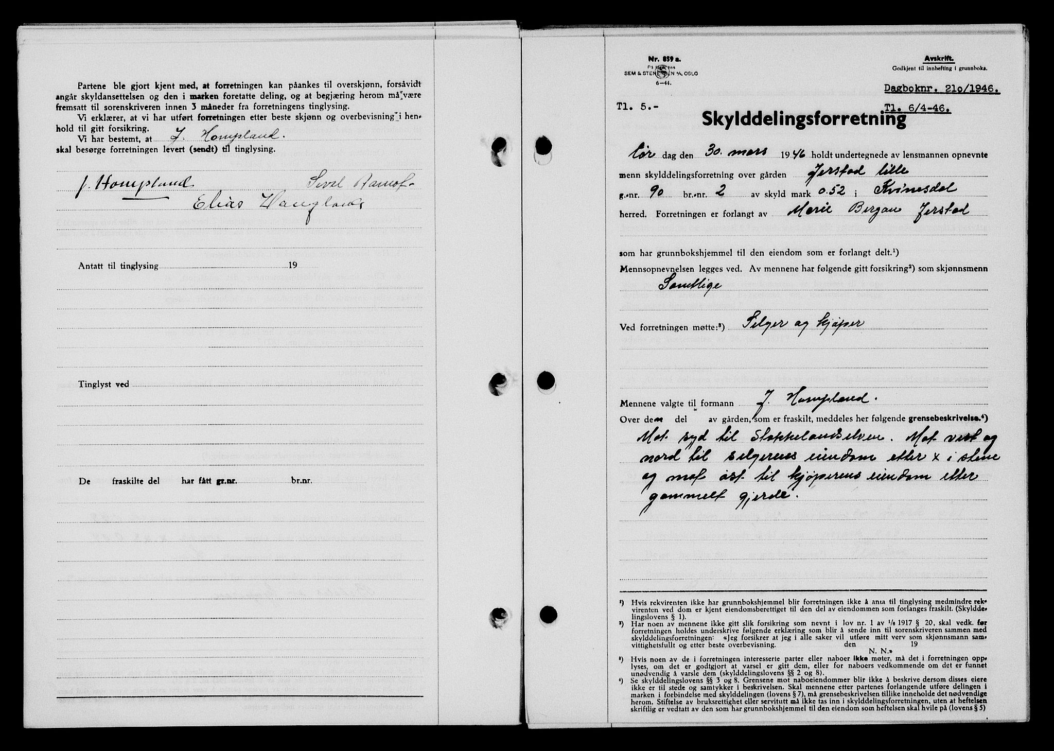 Flekkefjord sorenskriveri, SAK/1221-0001/G/Gb/Gba/L0060: Mortgage book no. A-8, 1945-1946, Diary no: : 210/1946