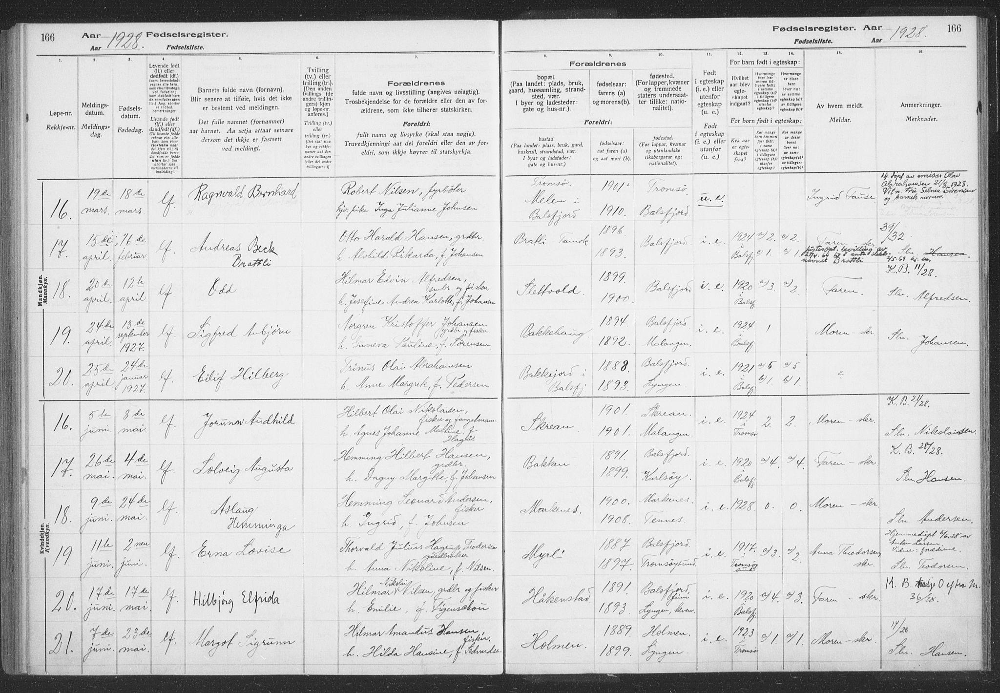Balsfjord sokneprestembete, SATØ/S-1303/H/Hb/L0059: Birth register no. 59, 1916-1930, p. 166