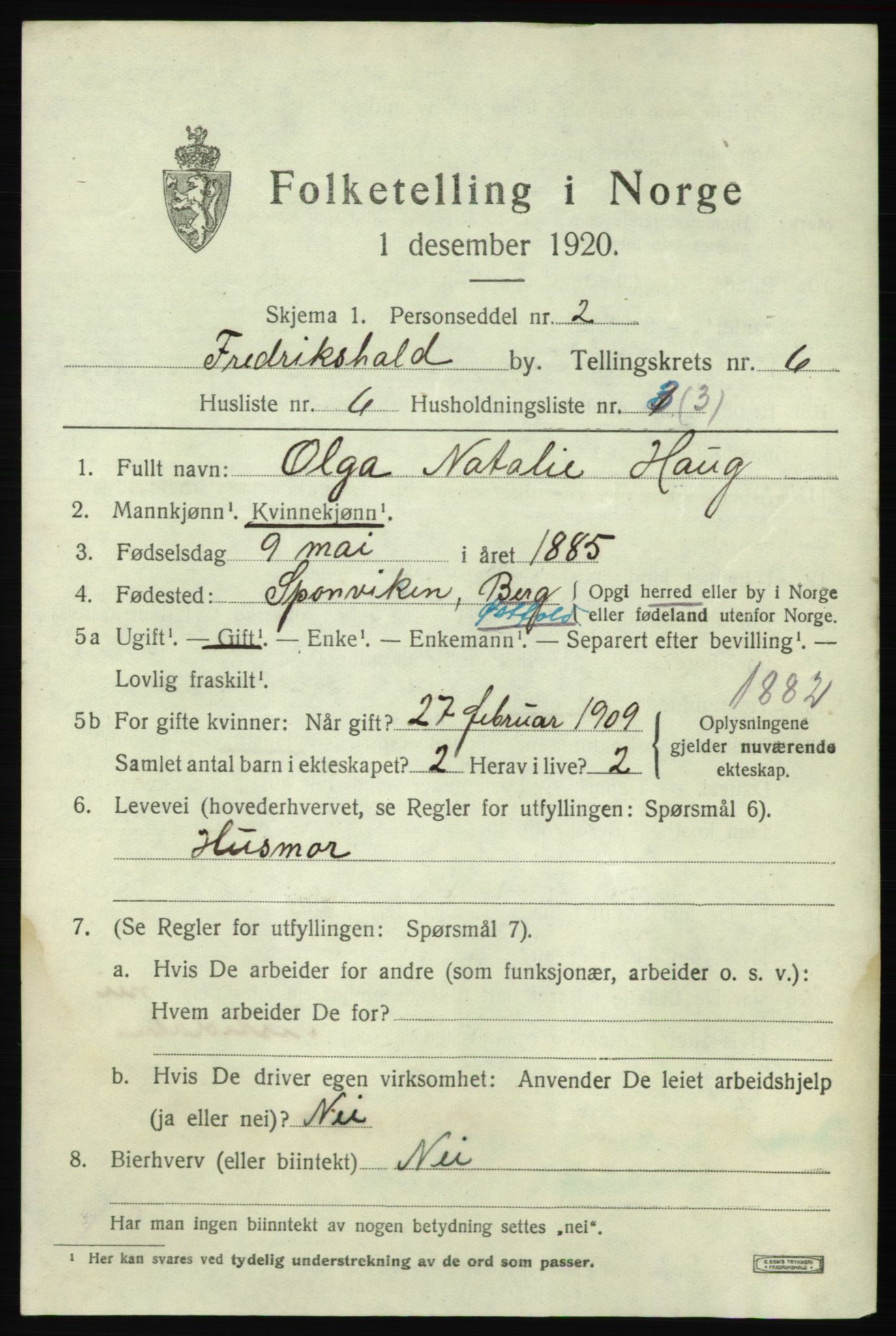 SAO, 1920 census for Fredrikshald, 1920, p. 12912