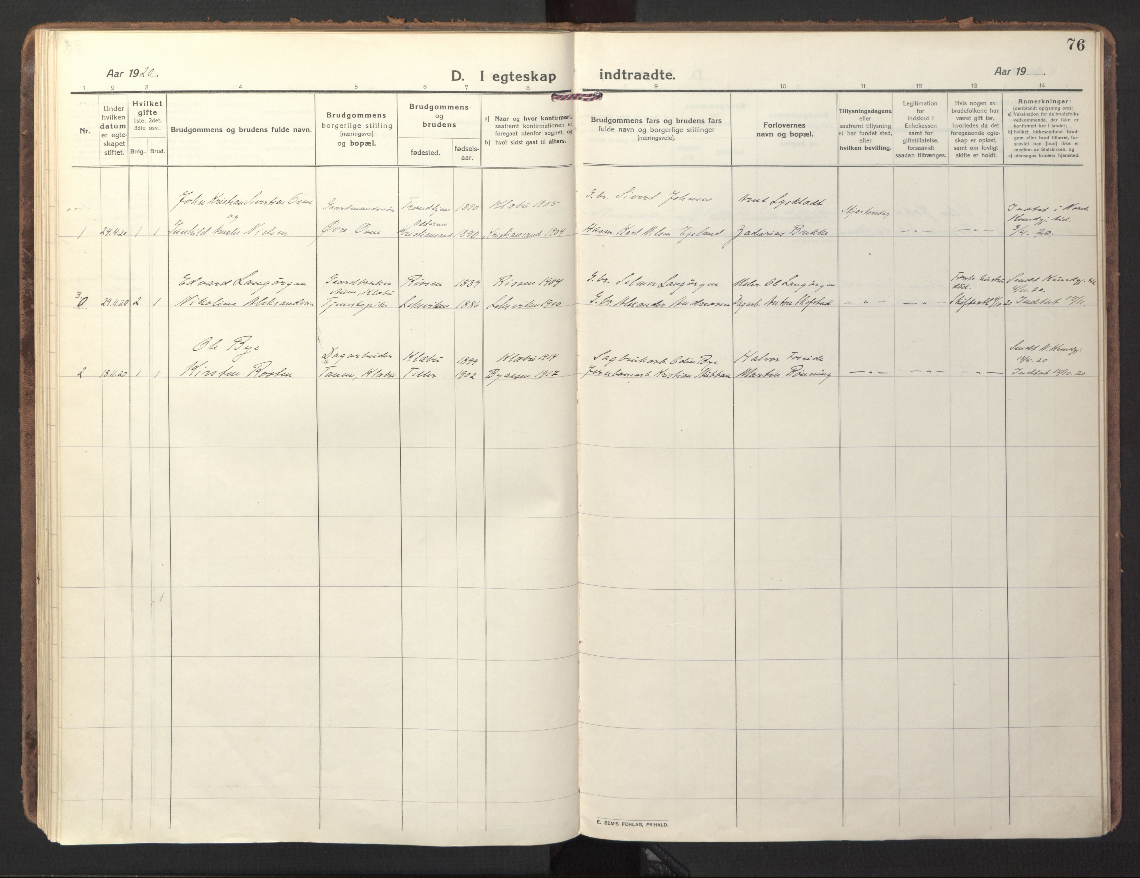 Ministerialprotokoller, klokkerbøker og fødselsregistre - Sør-Trøndelag, SAT/A-1456/618/L0449: Parish register (official) no. 618A12, 1917-1924, p. 76