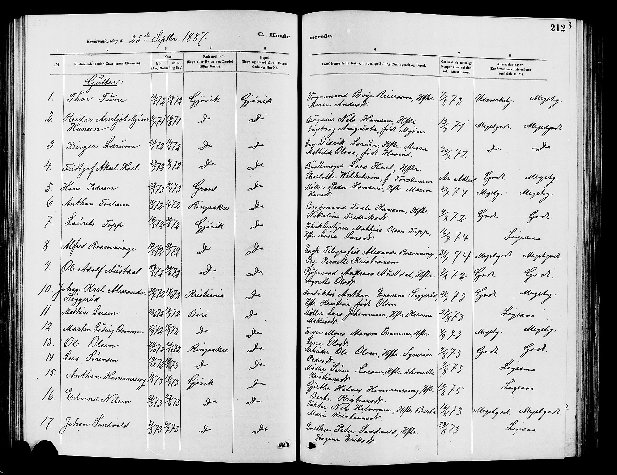 Vardal prestekontor, SAH/PREST-100/H/Ha/Hab/L0007: Parish register (copy) no. 7 /2, 1881-1895, p. 212