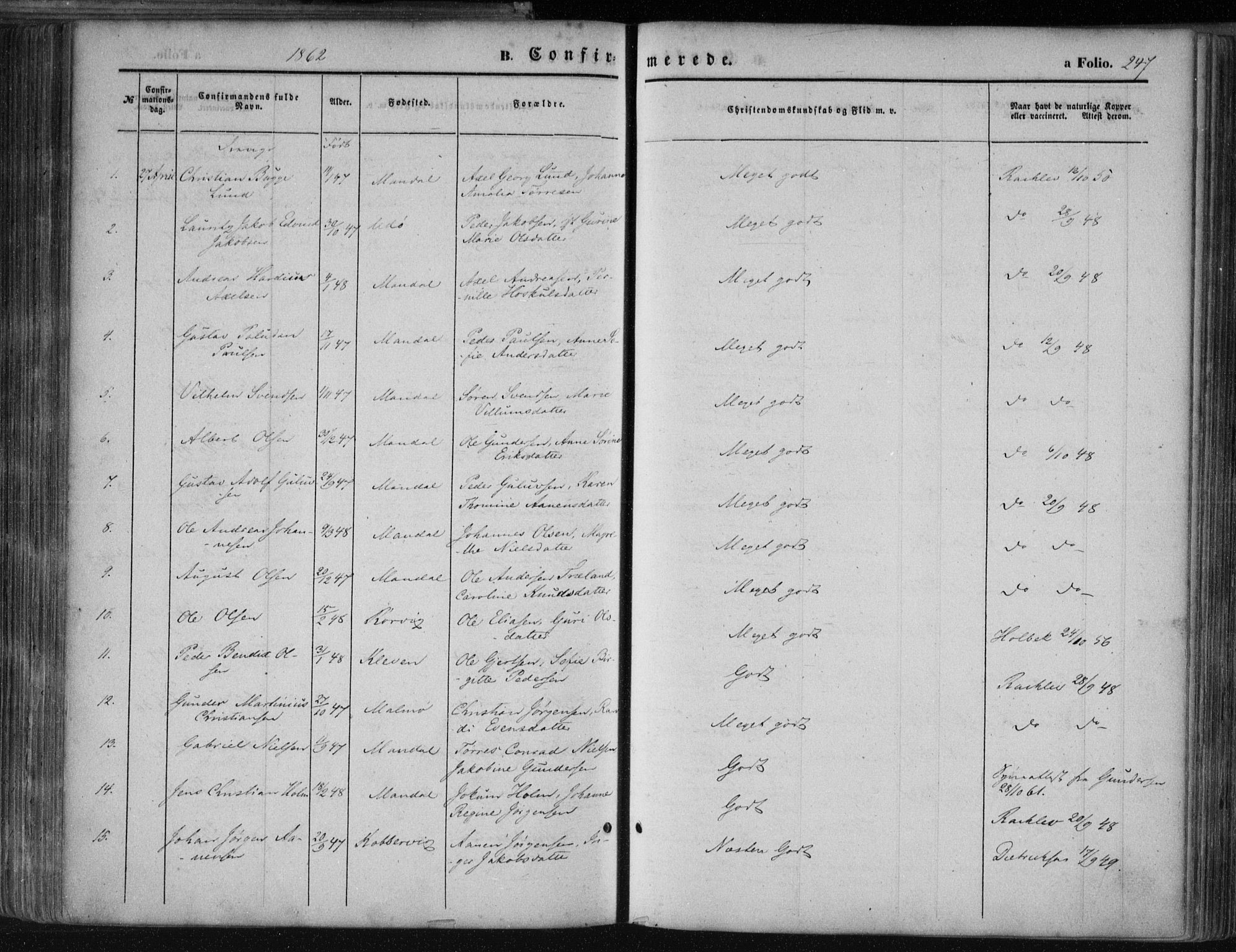 Mandal sokneprestkontor, SAK/1111-0030/F/Fa/Faa/L0014: Parish register (official) no. A 14, 1859-1872, p. 247