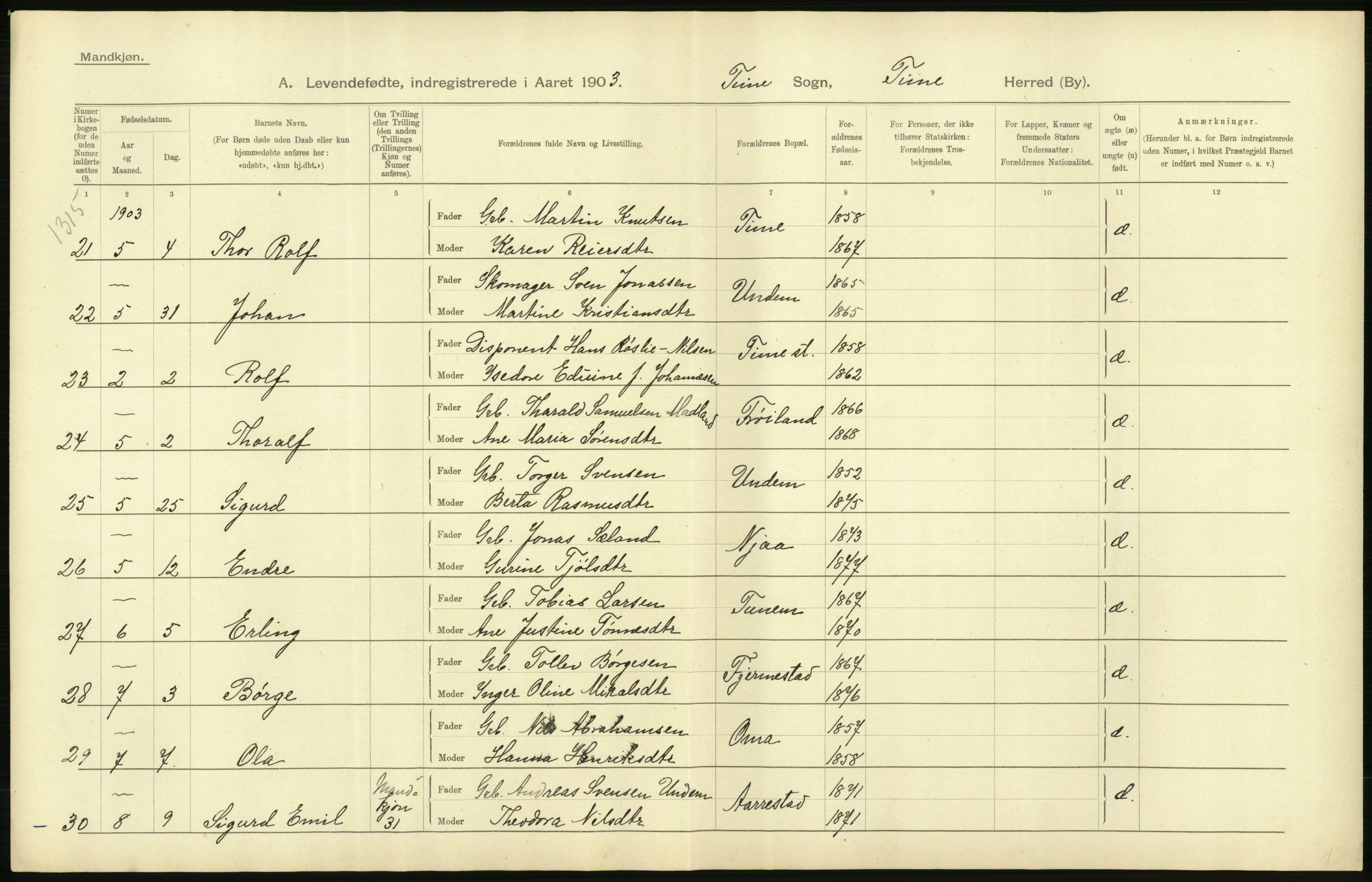 Statistisk sentralbyrå, Sosiodemografiske emner, Befolkning, AV/RA-S-2228/D/Df/Dfa/Dfaa/L0012: Stavanger amt: Fødte, gifte, døde, 1903, p. 30