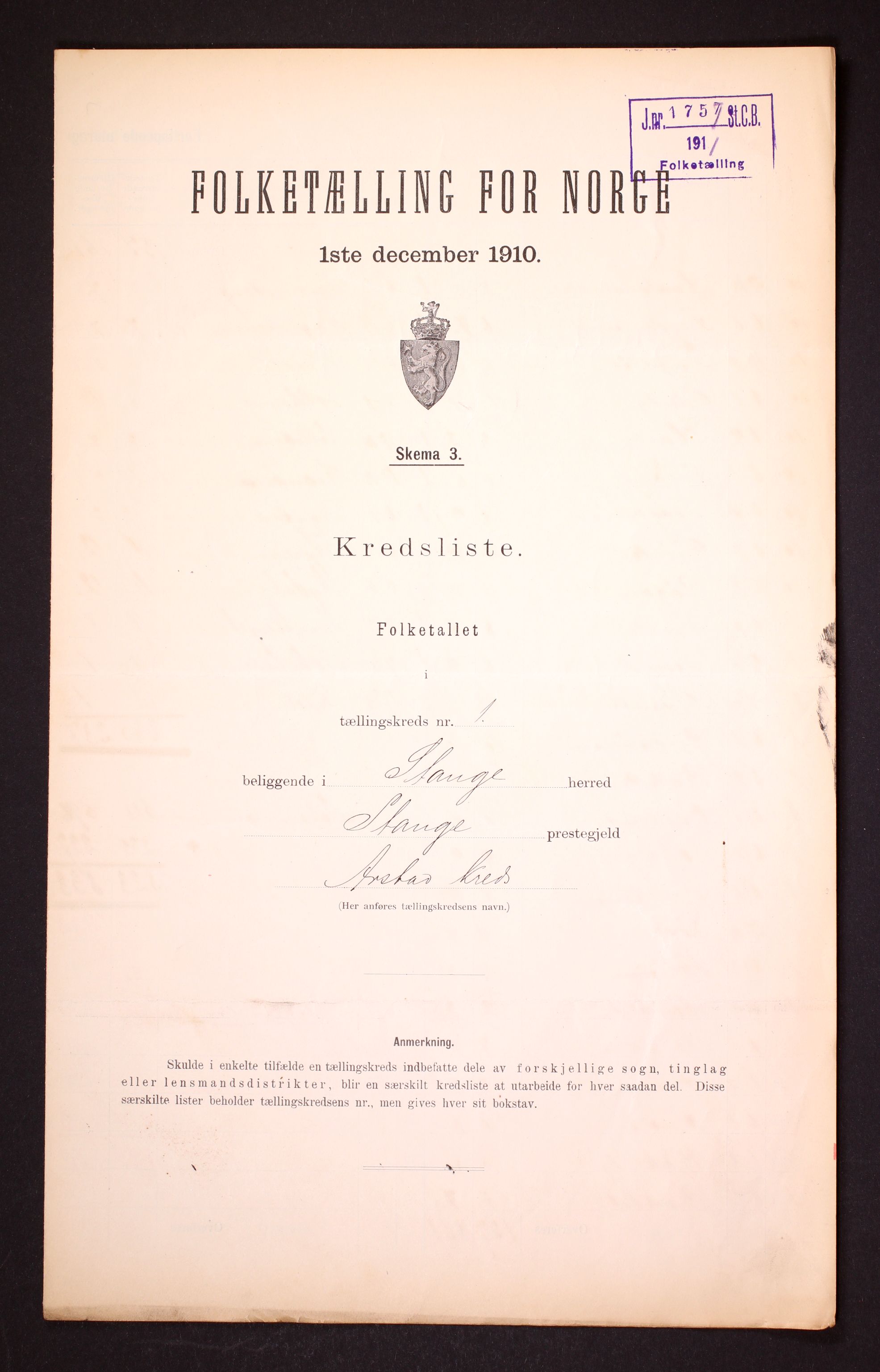 RA, 1910 census for Stange, 1910, p. 7