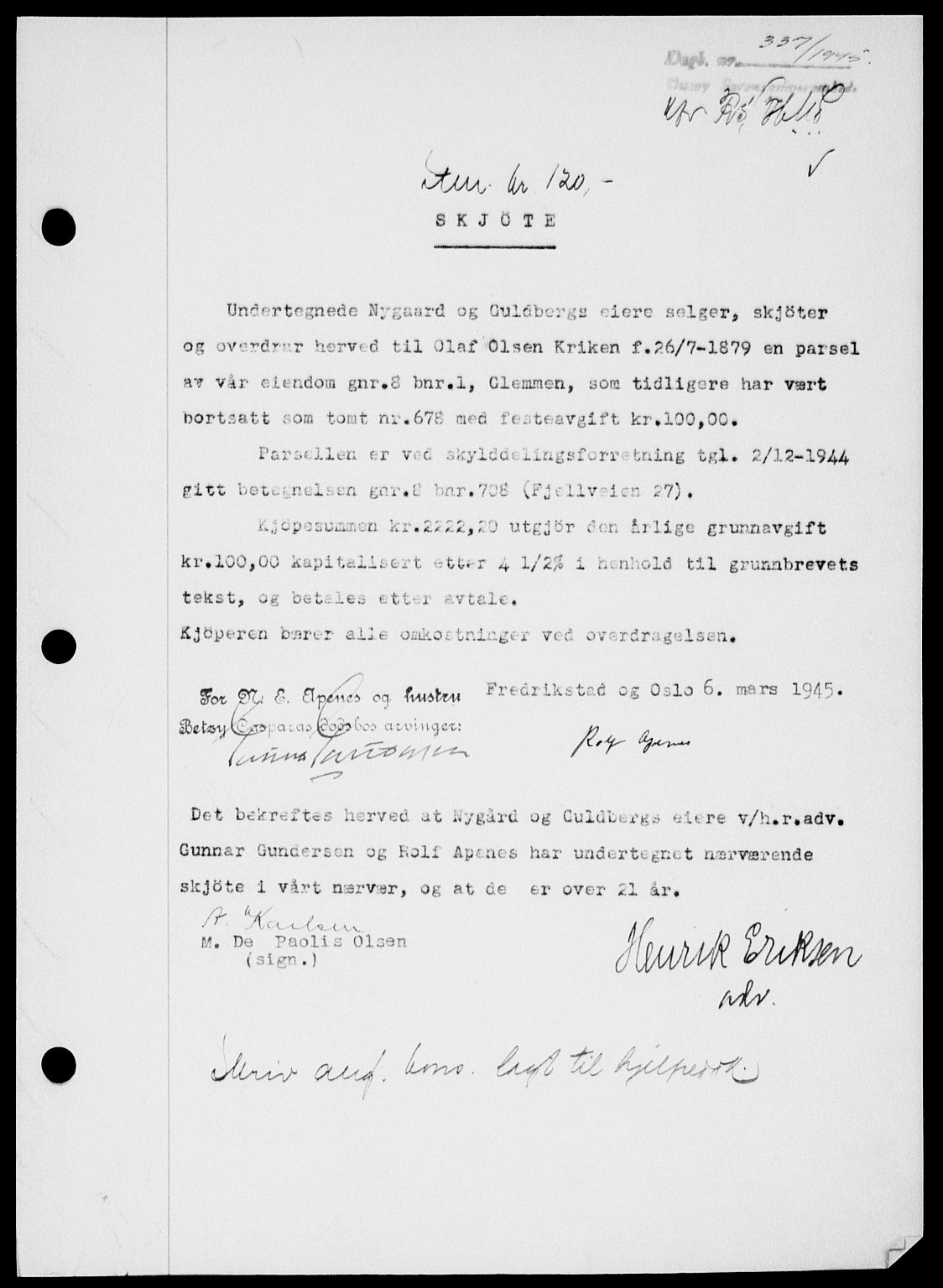 Onsøy sorenskriveri, SAO/A-10474/G/Ga/Gab/L0014: Mortgage book no. II A-14, 1944-1945, Diary no: : 337/1945