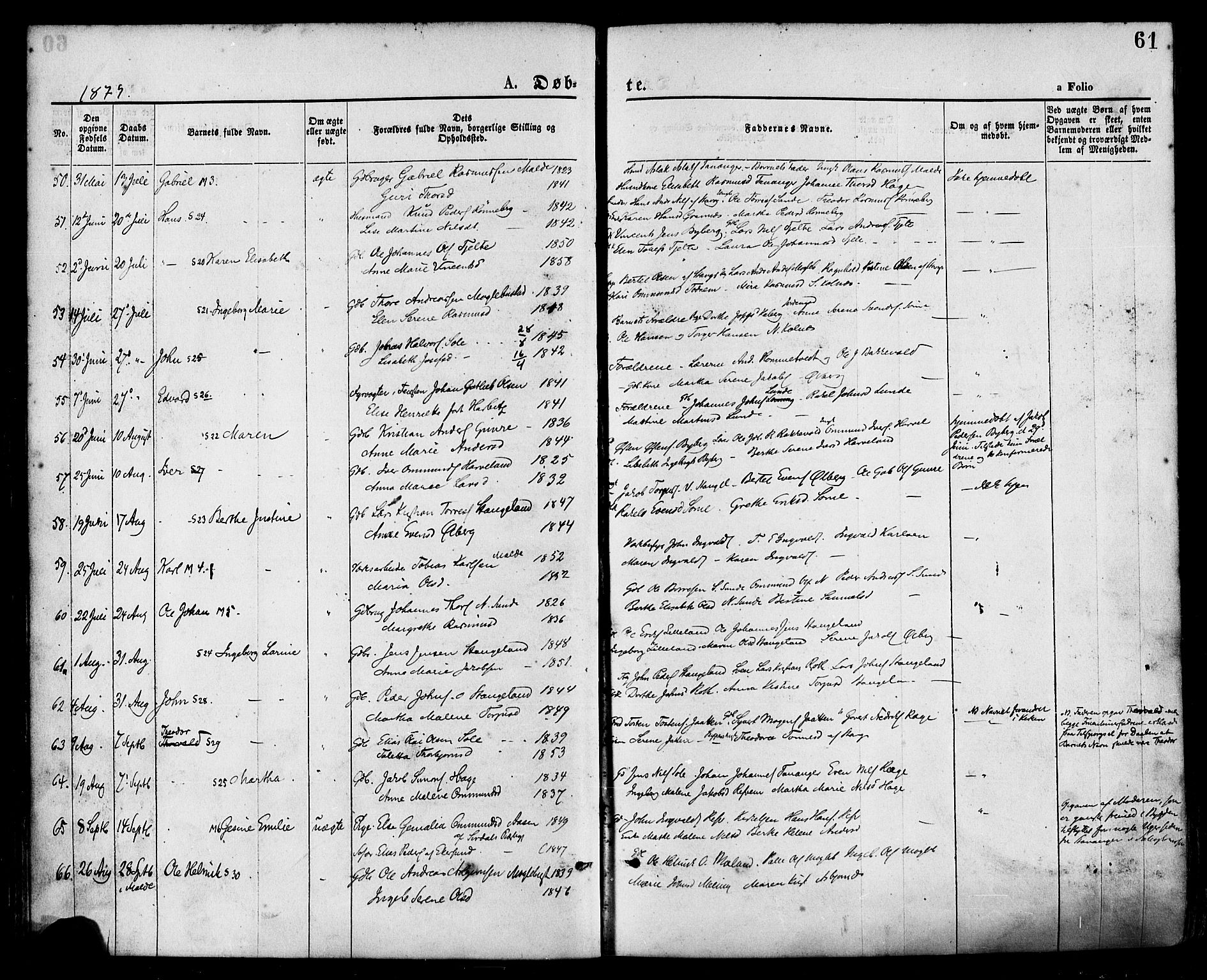 Håland sokneprestkontor, AV/SAST-A-101802/001/30BA/L0009: Parish register (official) no. A 8, 1871-1882, p. 61